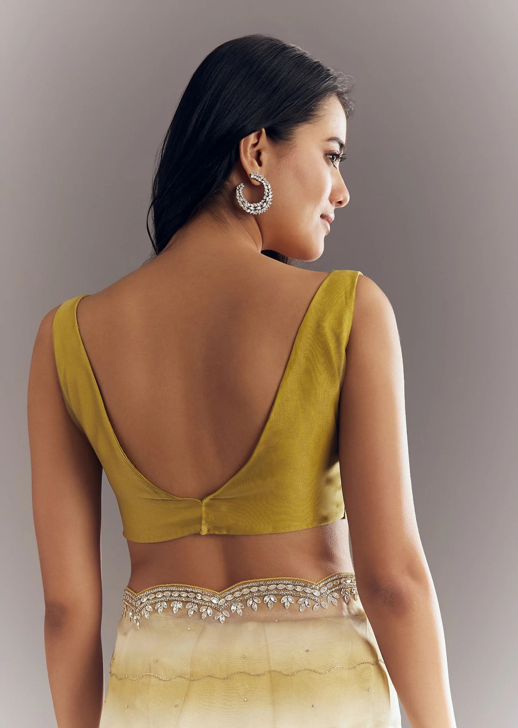 Yellow Shaded Glass Tissue Saree With Cutdana Embroidery And Scallop Border - Image 8