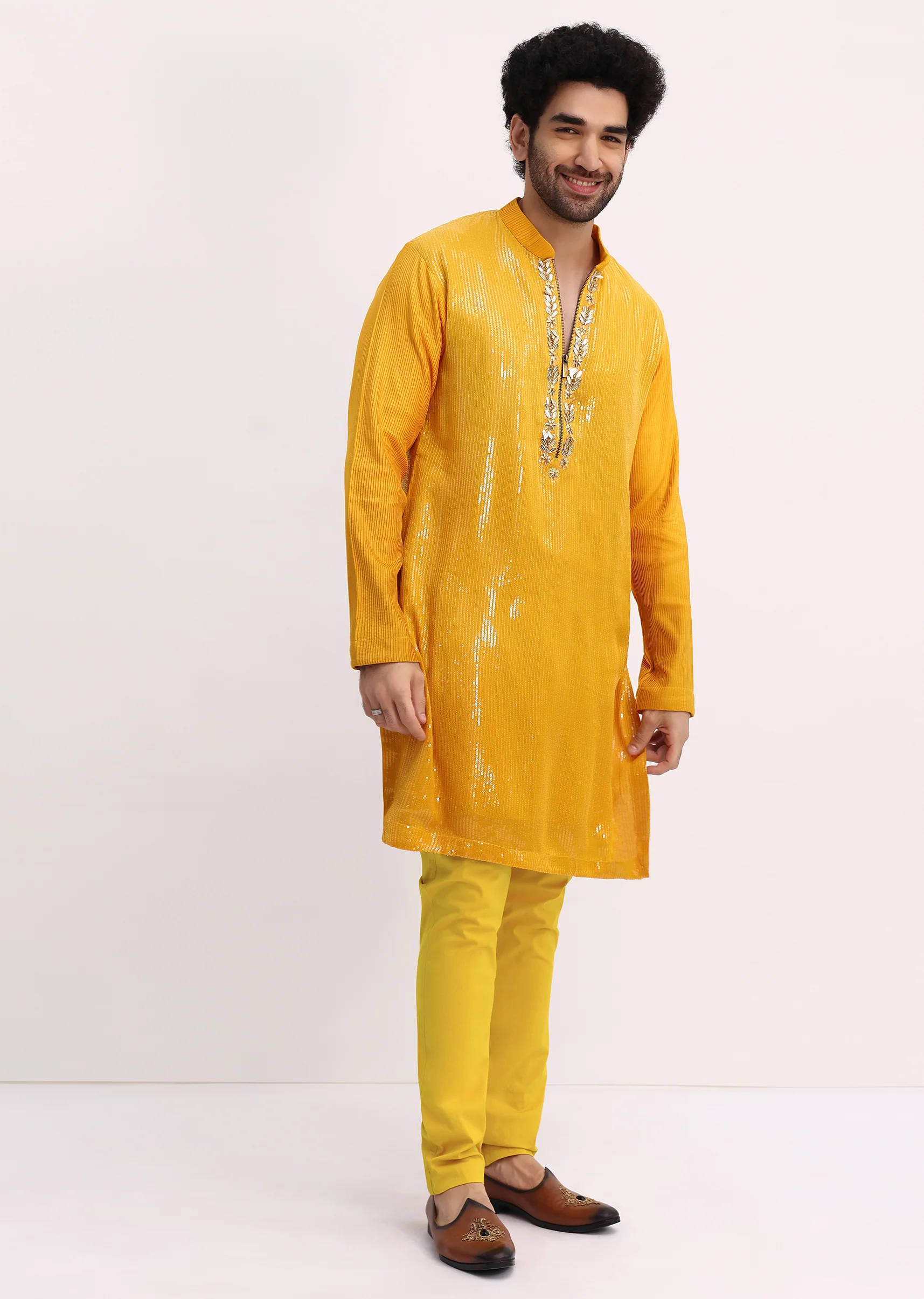 Yellow Shaded Sequin Zipper Kurta With Yellow Pants - Image 3