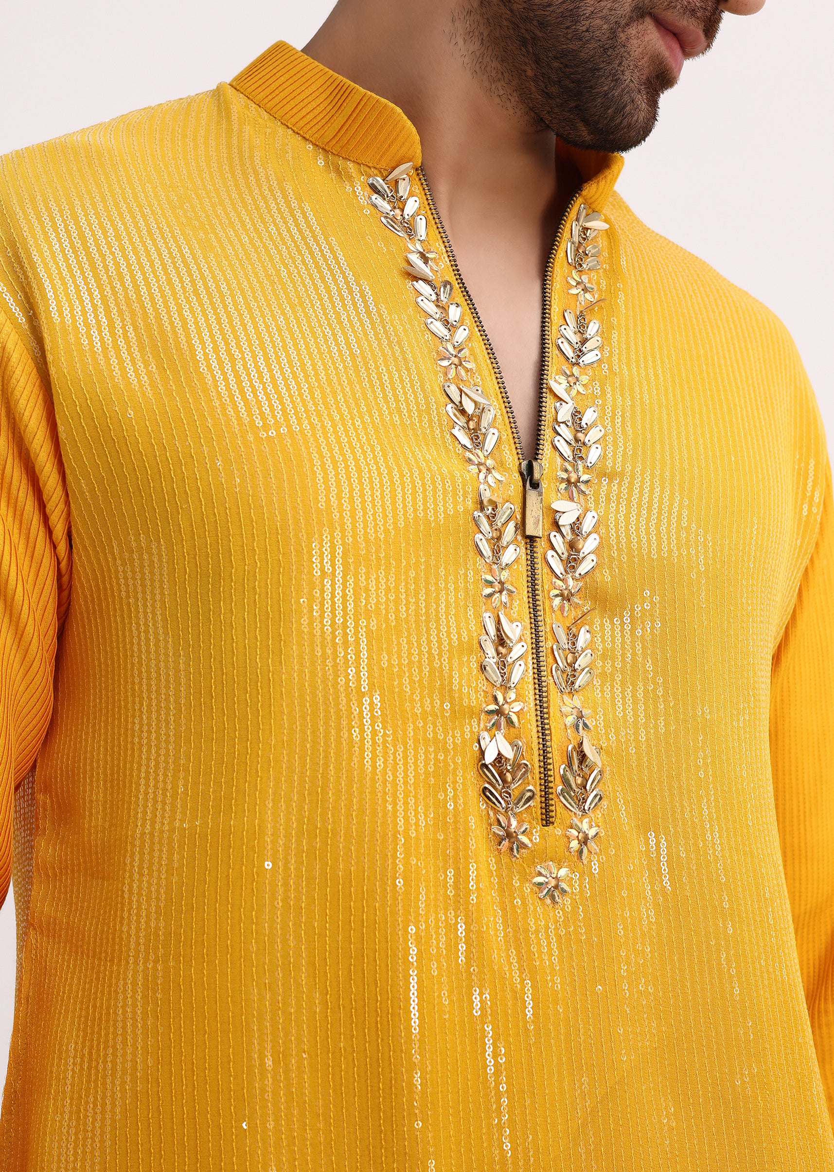 Yellow Shaded Sequin Zipper Kurta With Yellow Pants - Image 4
