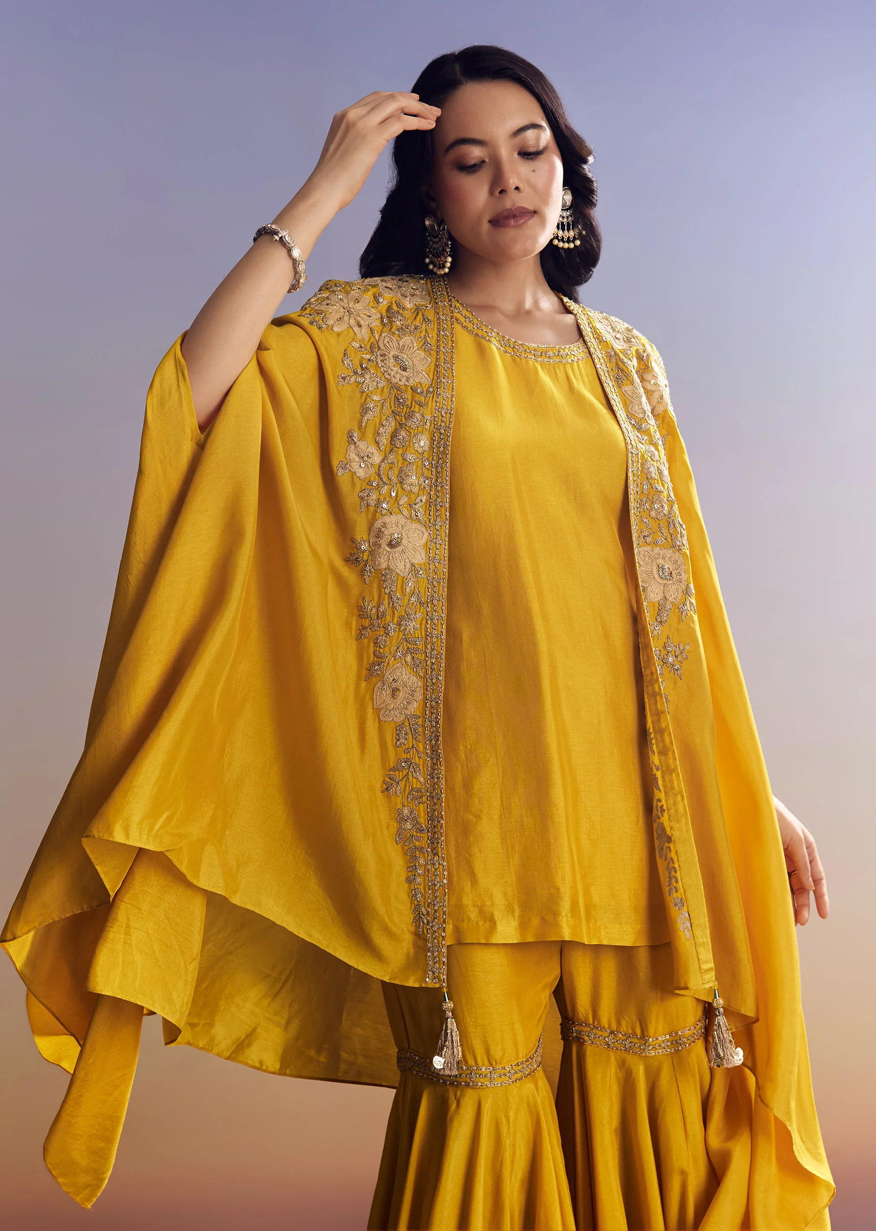 Yellow Sharara Set With Zari Cape - Image 4