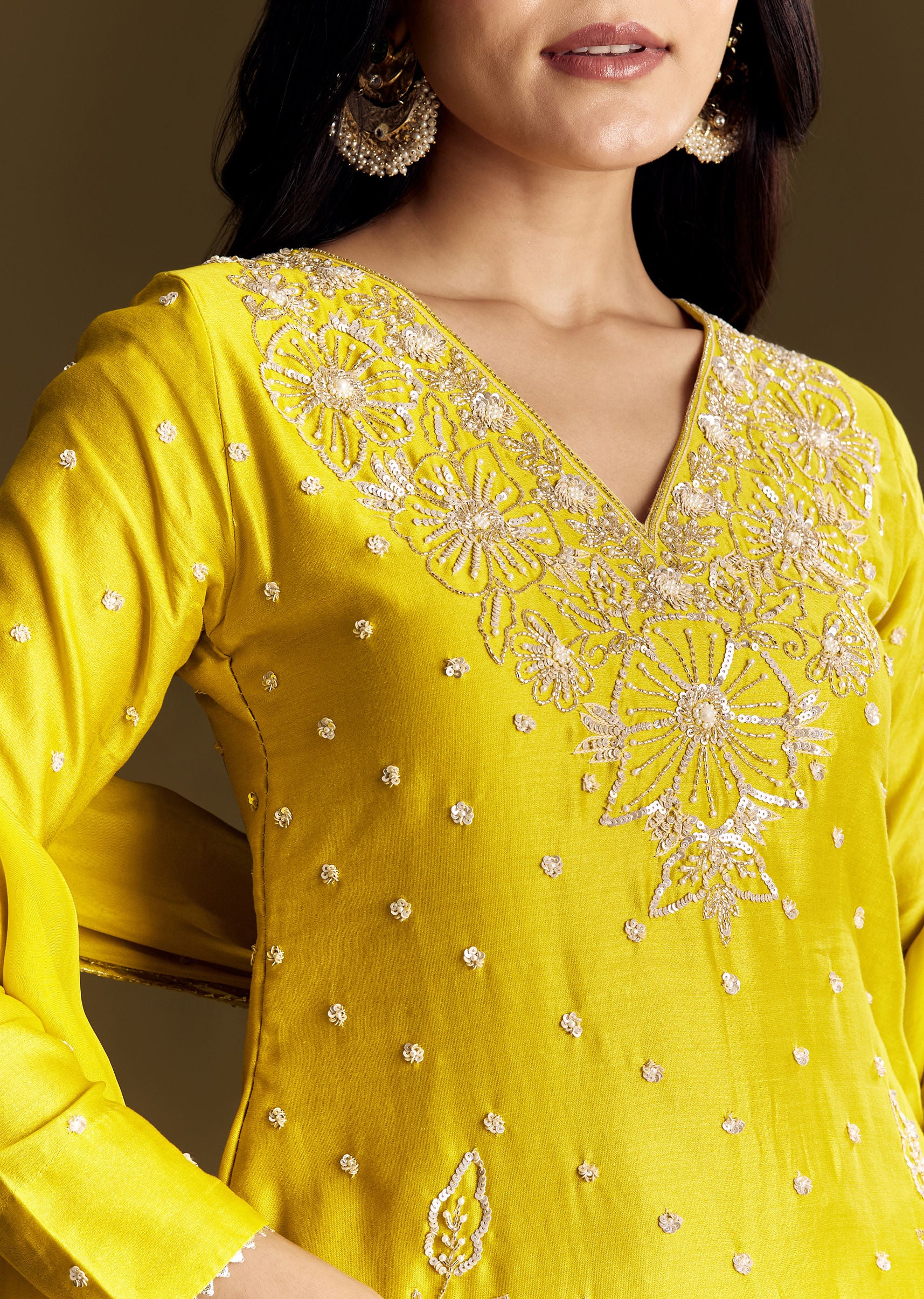 Yellow Sharara Suit With Cut Dana Sequins - Image 3
