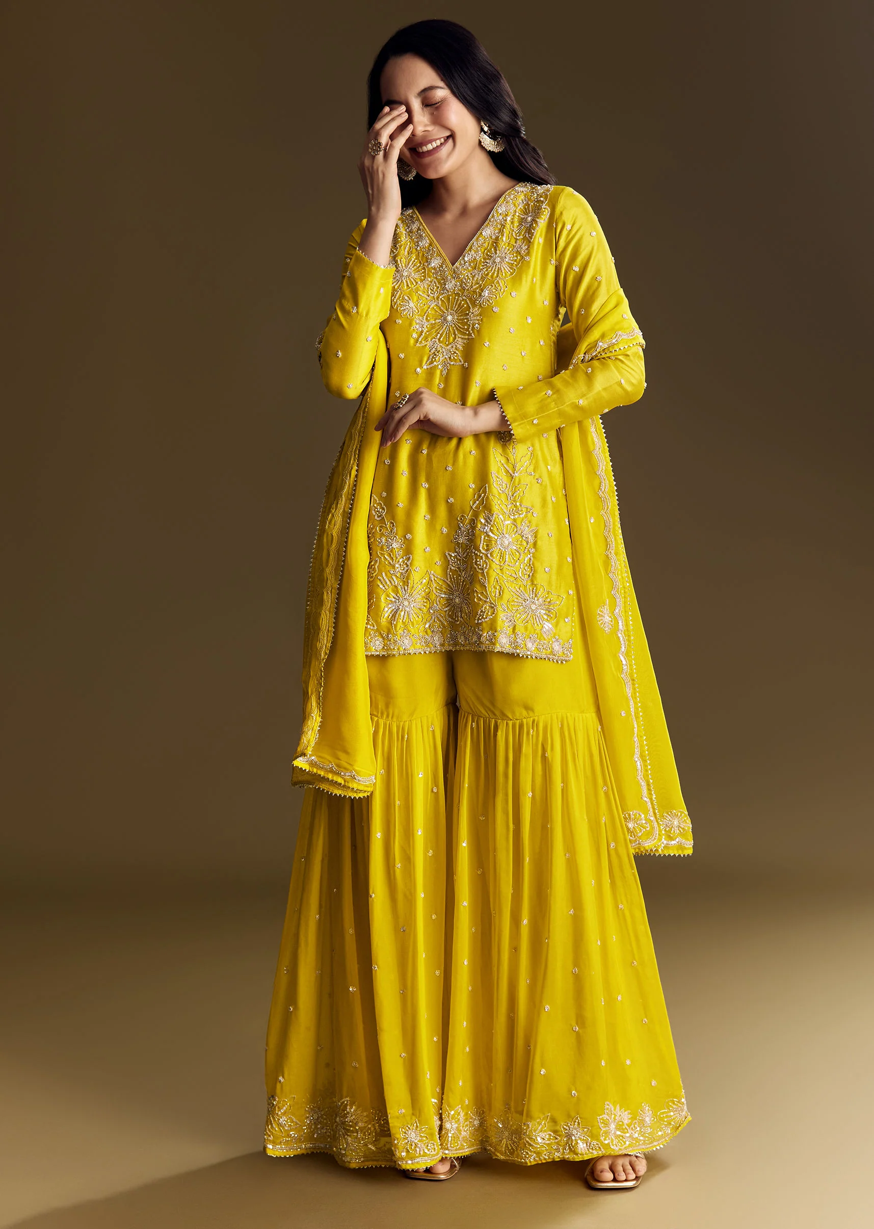 Yellow Sharara Suit With Cut Dana Sequins - Image 4