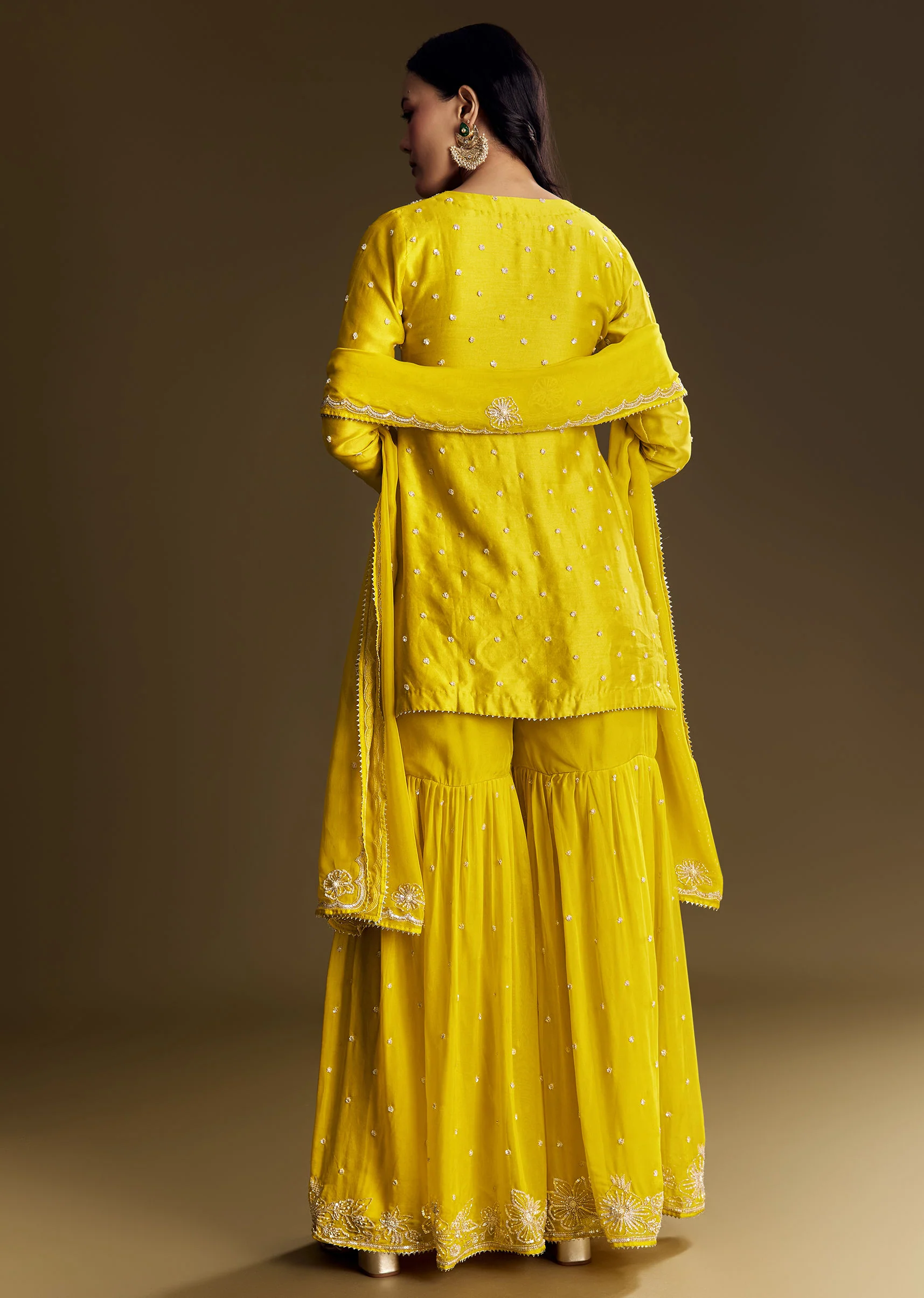 Yellow Sharara Suit With Cut Dana Sequins - Image 5