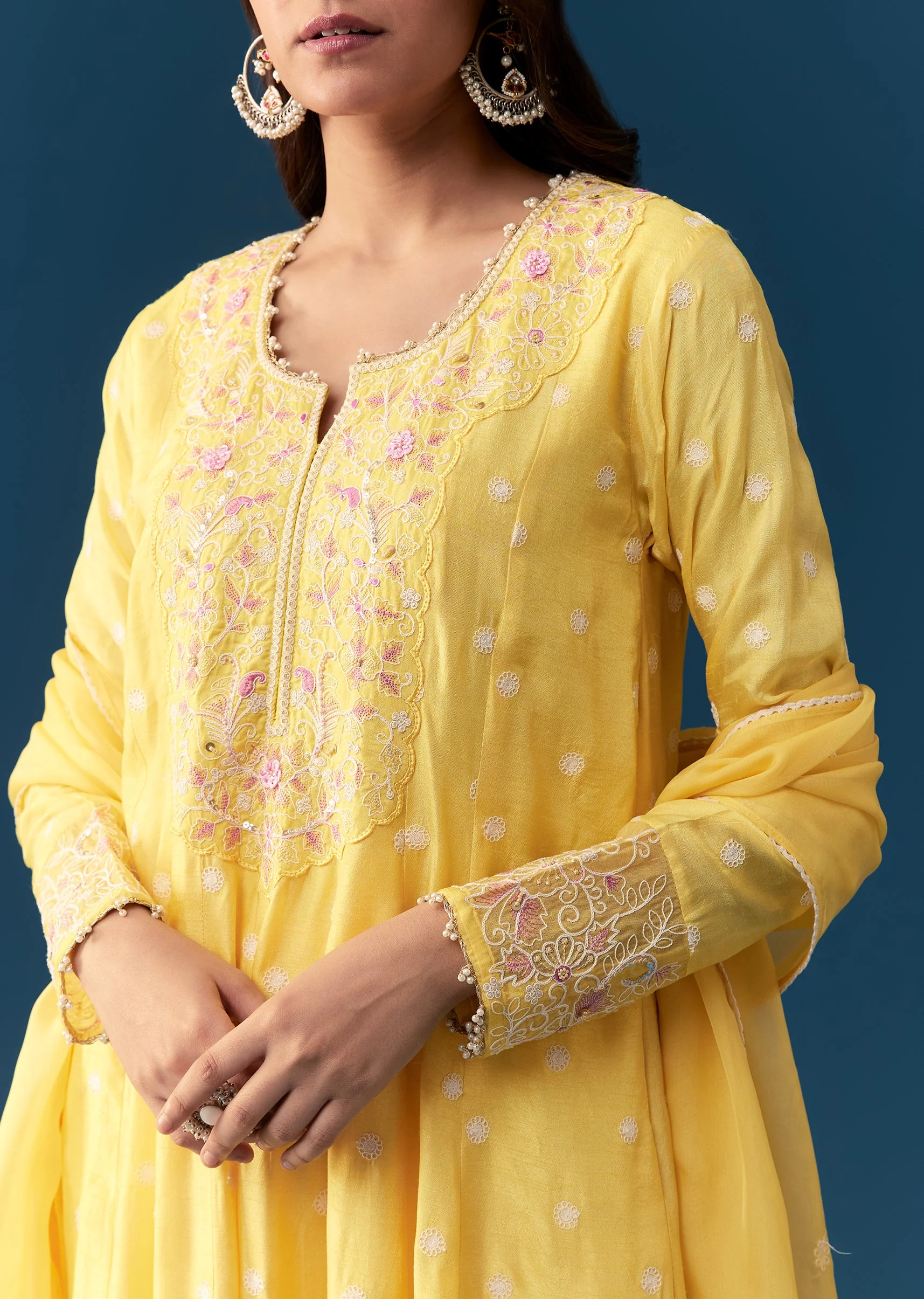 Yellow Silk Anarkali Suit With Resham And Sequins Work - Image 2