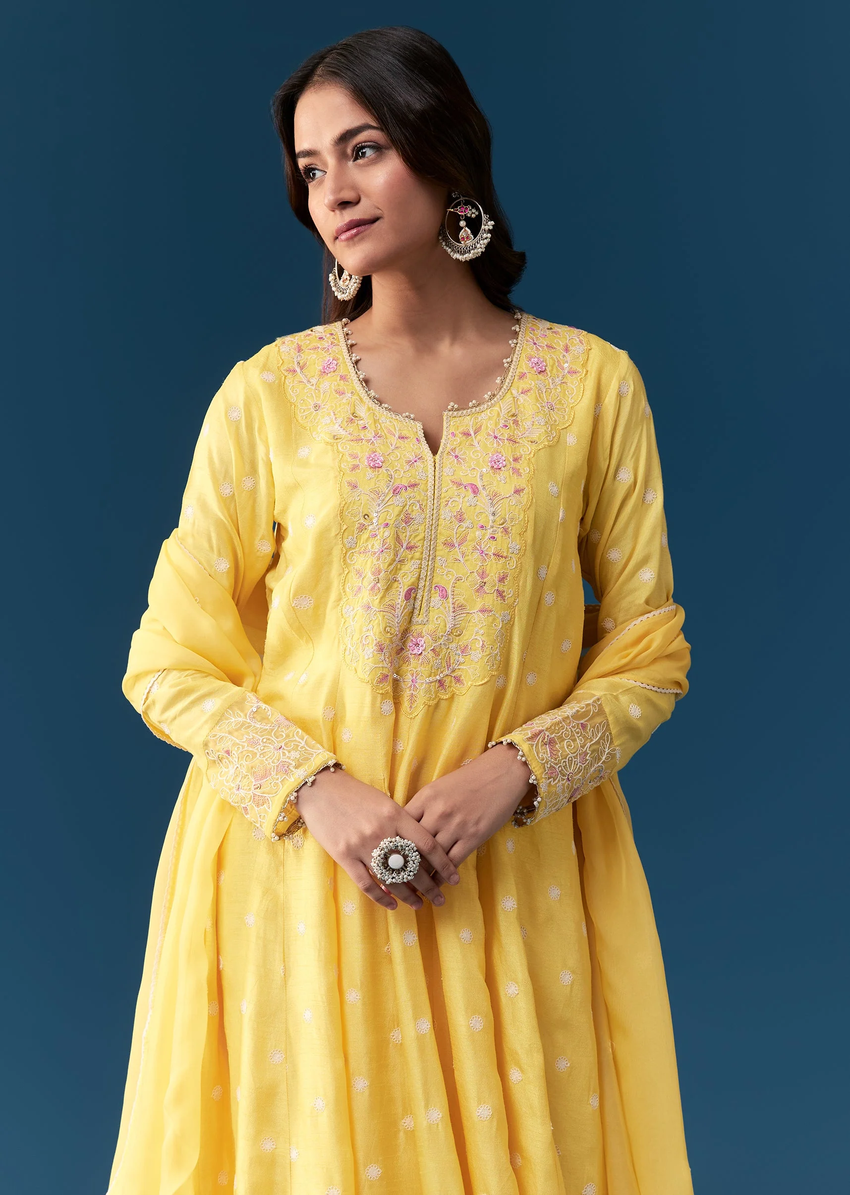 Yellow Silk Anarkali Suit With Resham And Sequins Work - Image 4
