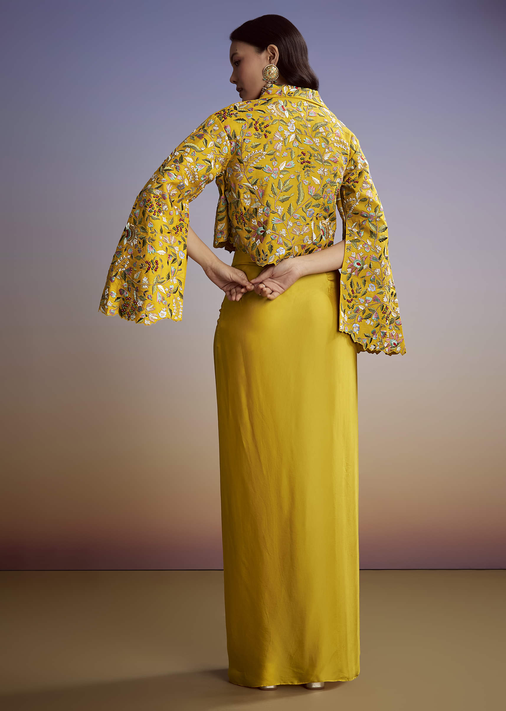 Yellow Silk Crop Top Skirt With Resham Work - Image 5
