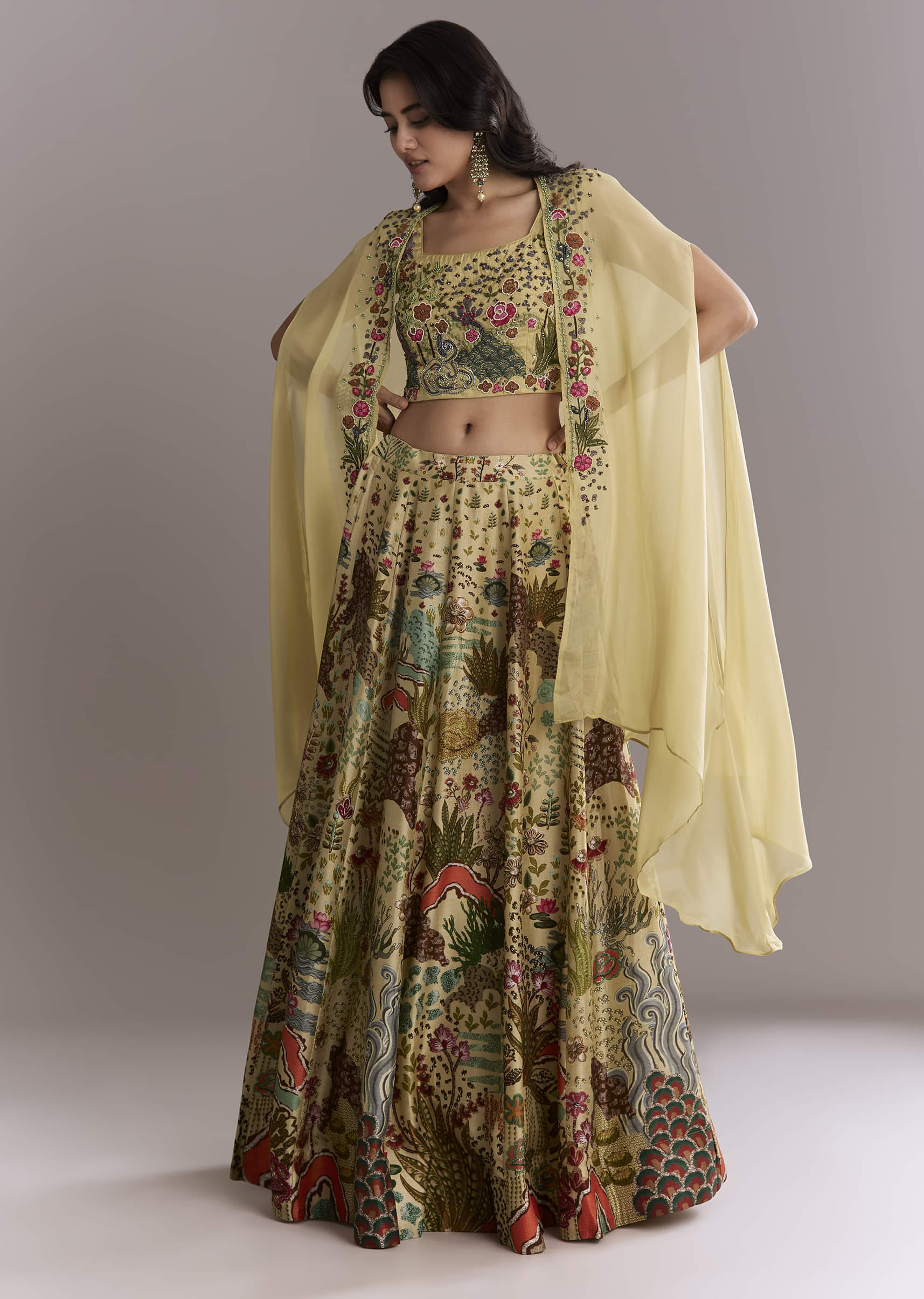 Yellow Silk Crop Top And Printed Skirt Set With Heavy Embroidery - Image 4