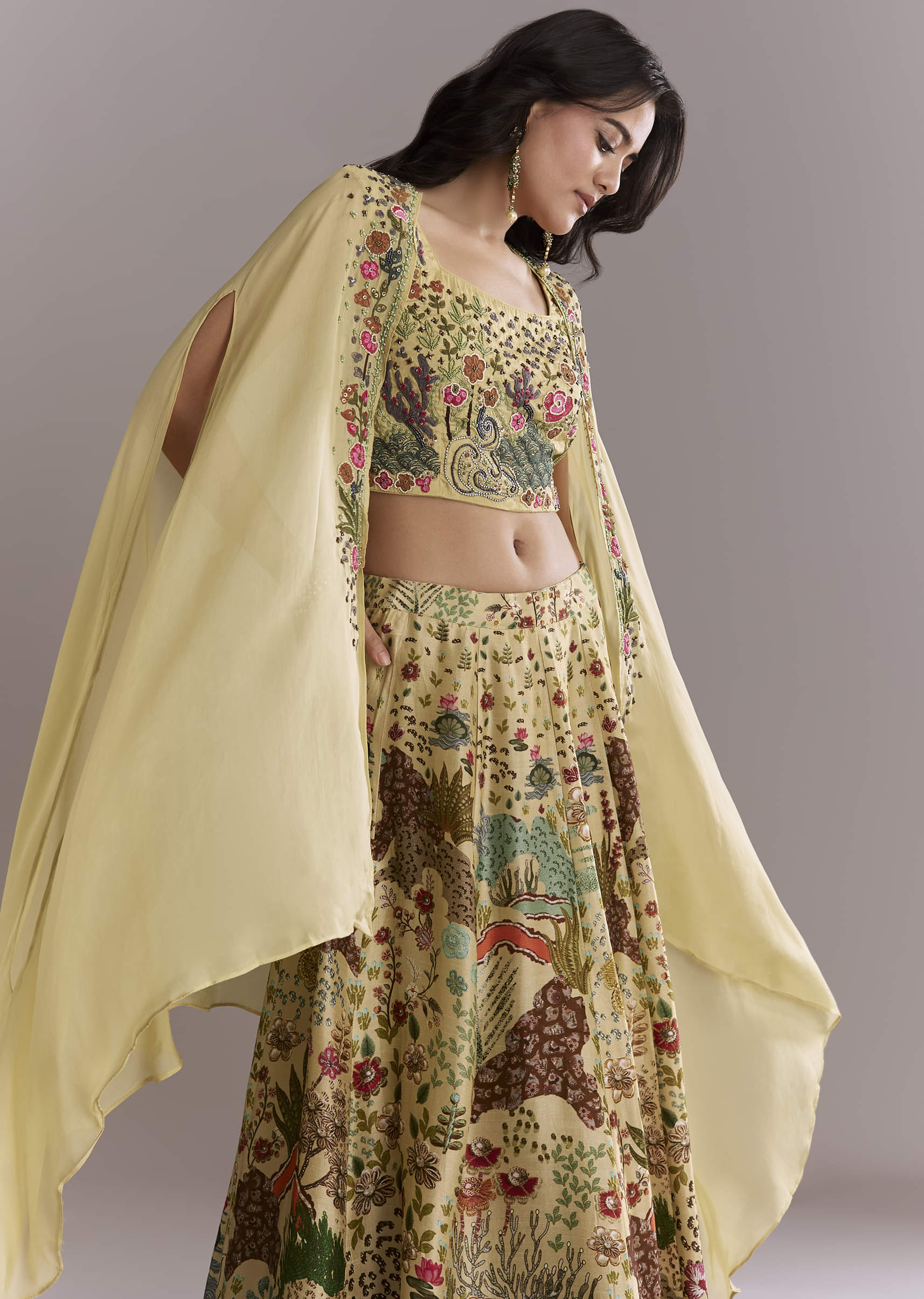 Yellow Silk Crop Top And Printed Skirt Set With Heavy Embroidery - Image 5