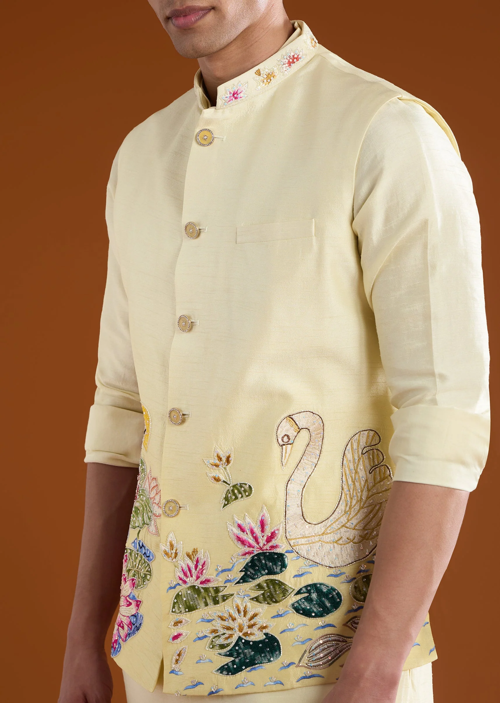 Yellow Silk Embroidered Front Button Kurta Sets And Dupatta - Image 2