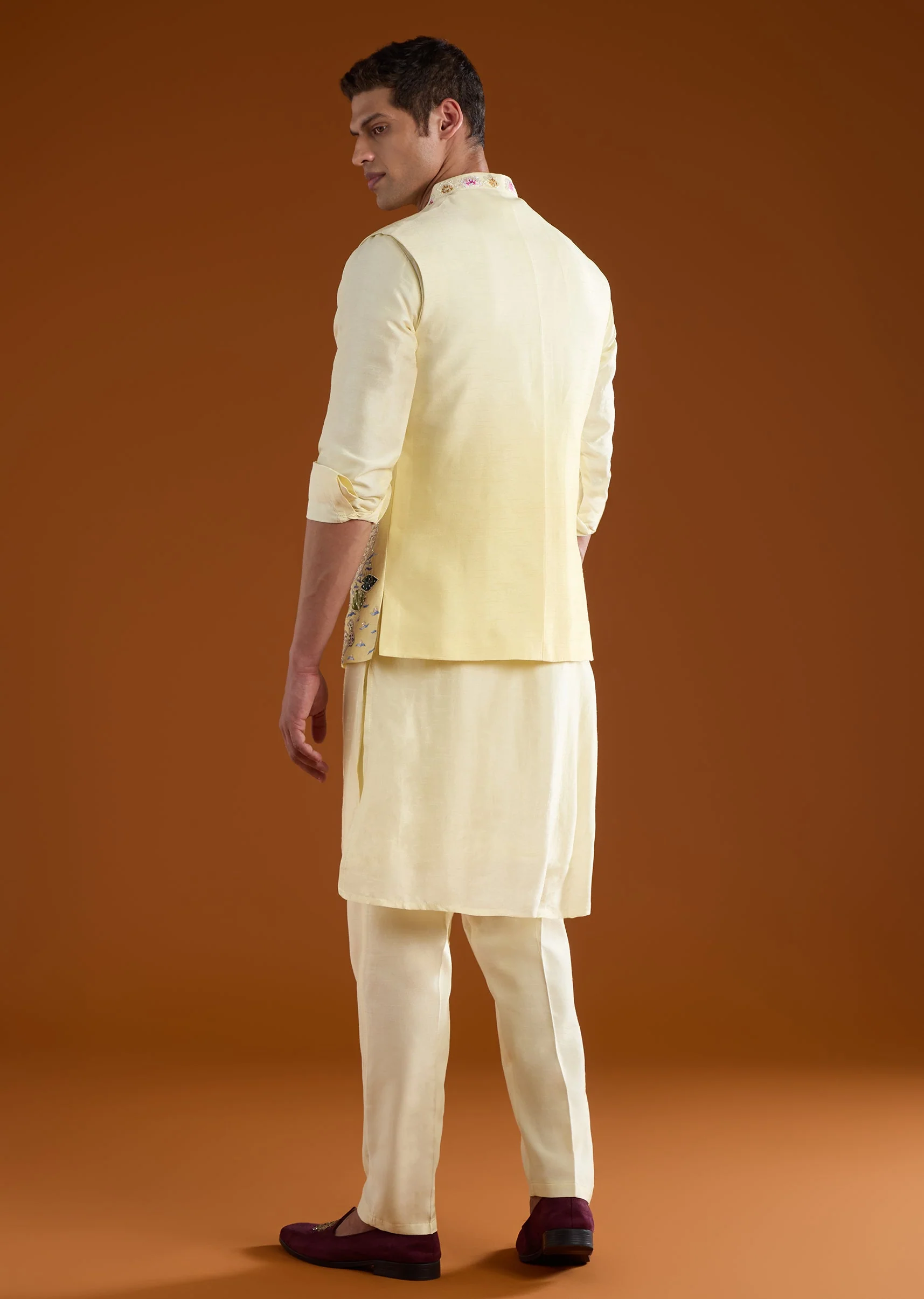 Yellow Silk Embroidered Front Button Kurta Sets And Dupatta - Image 5