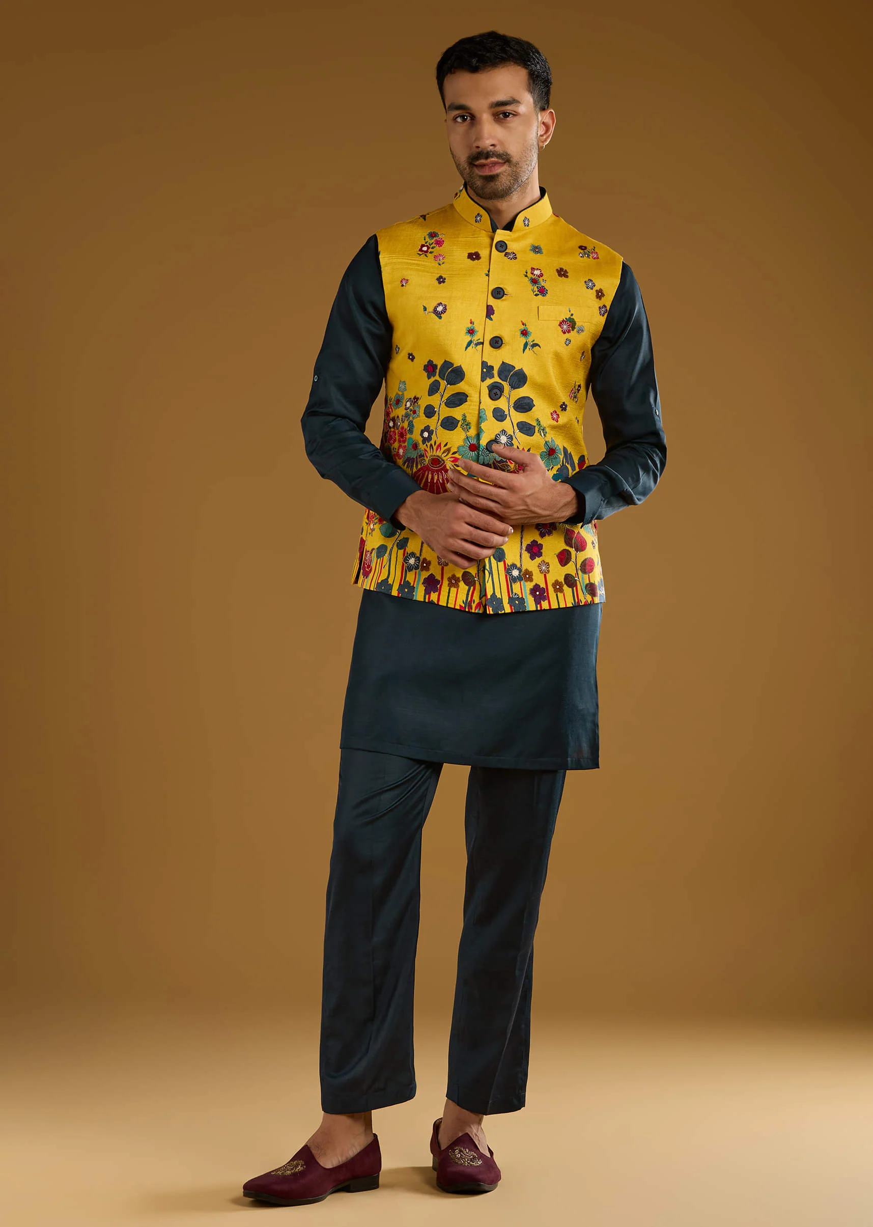 Yellow Silk Floral Kurta Jacket Set For Men With Thread Work - Image 2