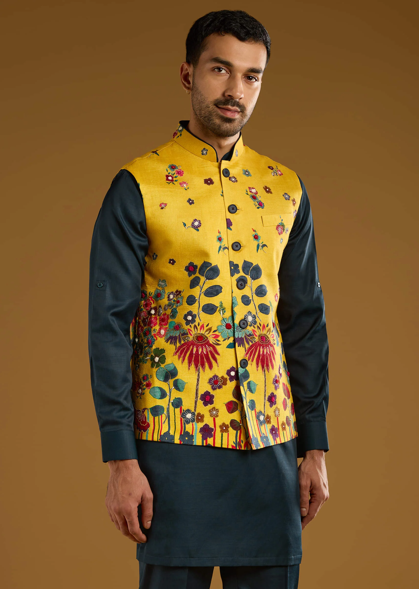 Yellow Silk Floral Kurta Jacket Set For Men With Thread Work - Image 3