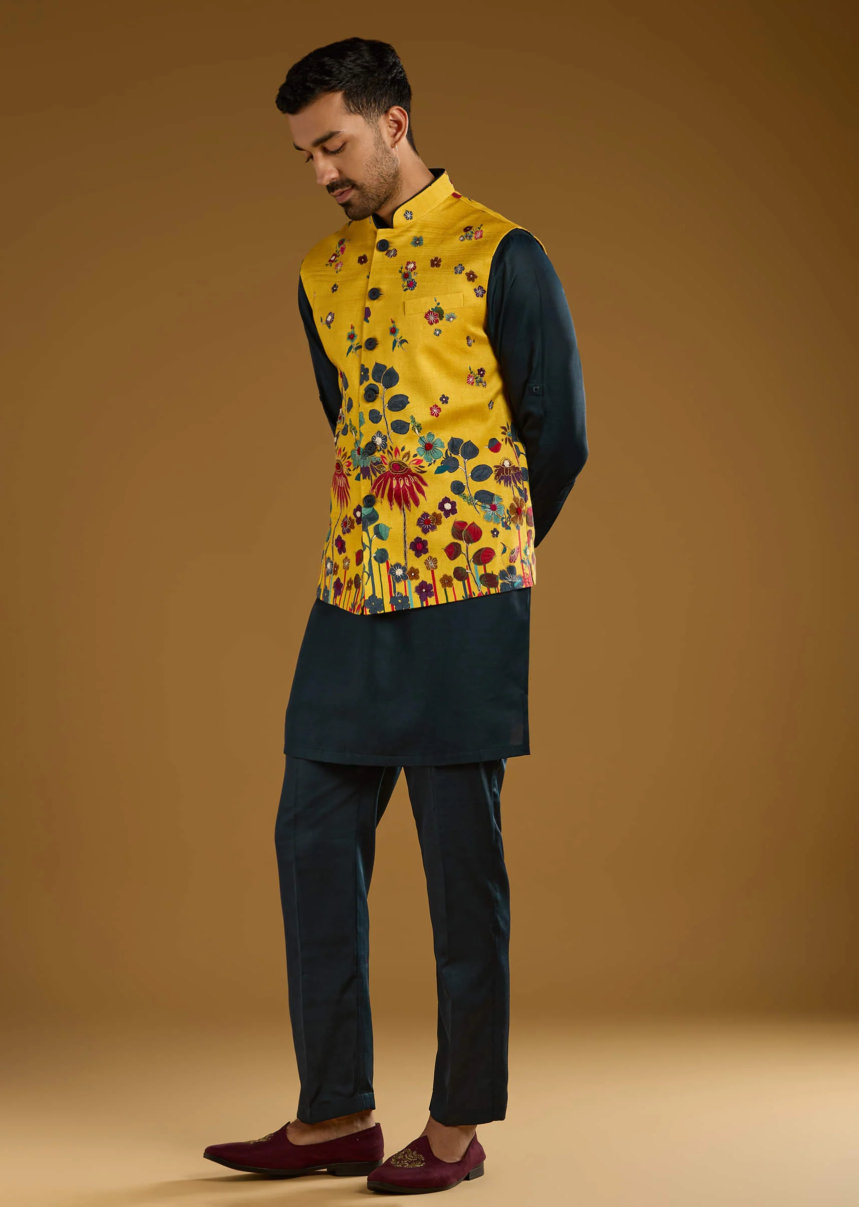 Yellow Silk Floral Kurta Jacket Set For Men With Thread Work - Image 4