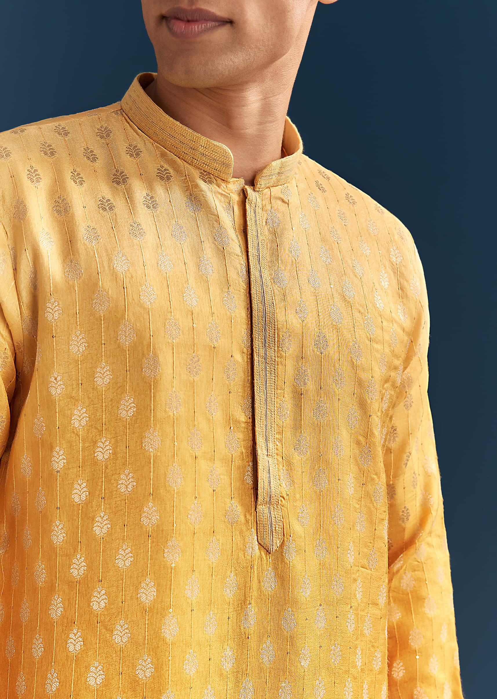 Yellow Silk Foil Kurta Set For Men With Sequins Embroidery