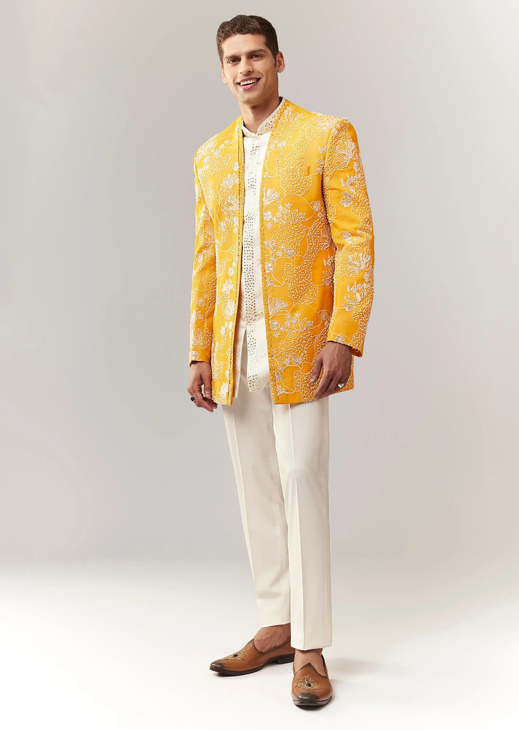 Yellow Silk Indo Western Set With Cutdana Sequins And Resham Work