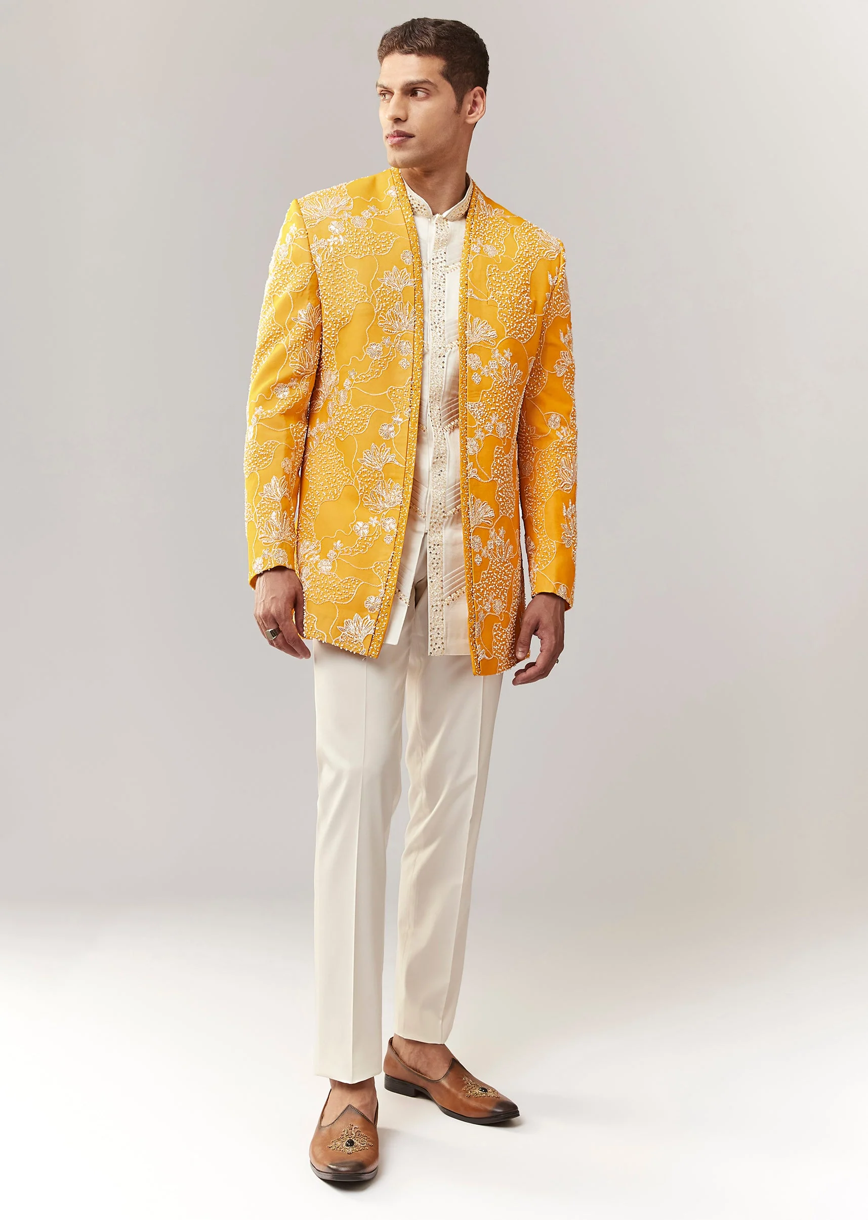 Yellow Silk Indo Western Set With Cutdana Sequins And Resham Work - Image 3