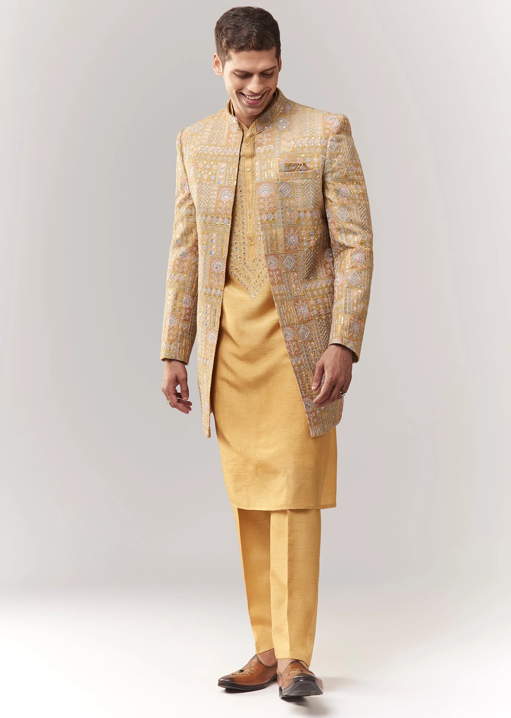 Yellow Silk Indo Western With Resham And Sequins - Image 3