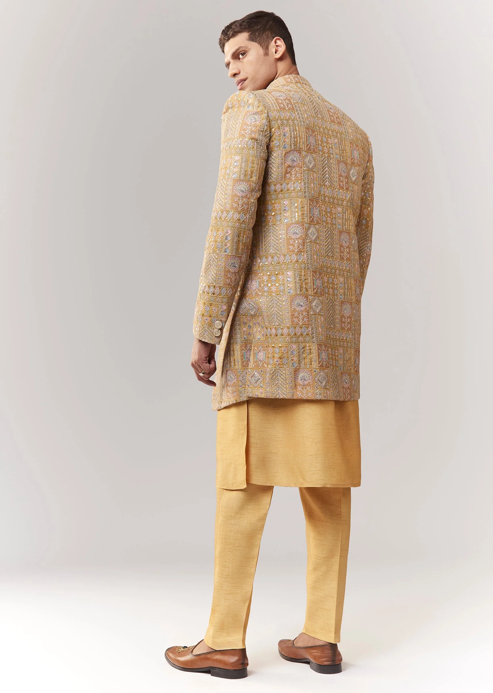 Yellow Silk Indo Western With Resham And Sequins - Image 4