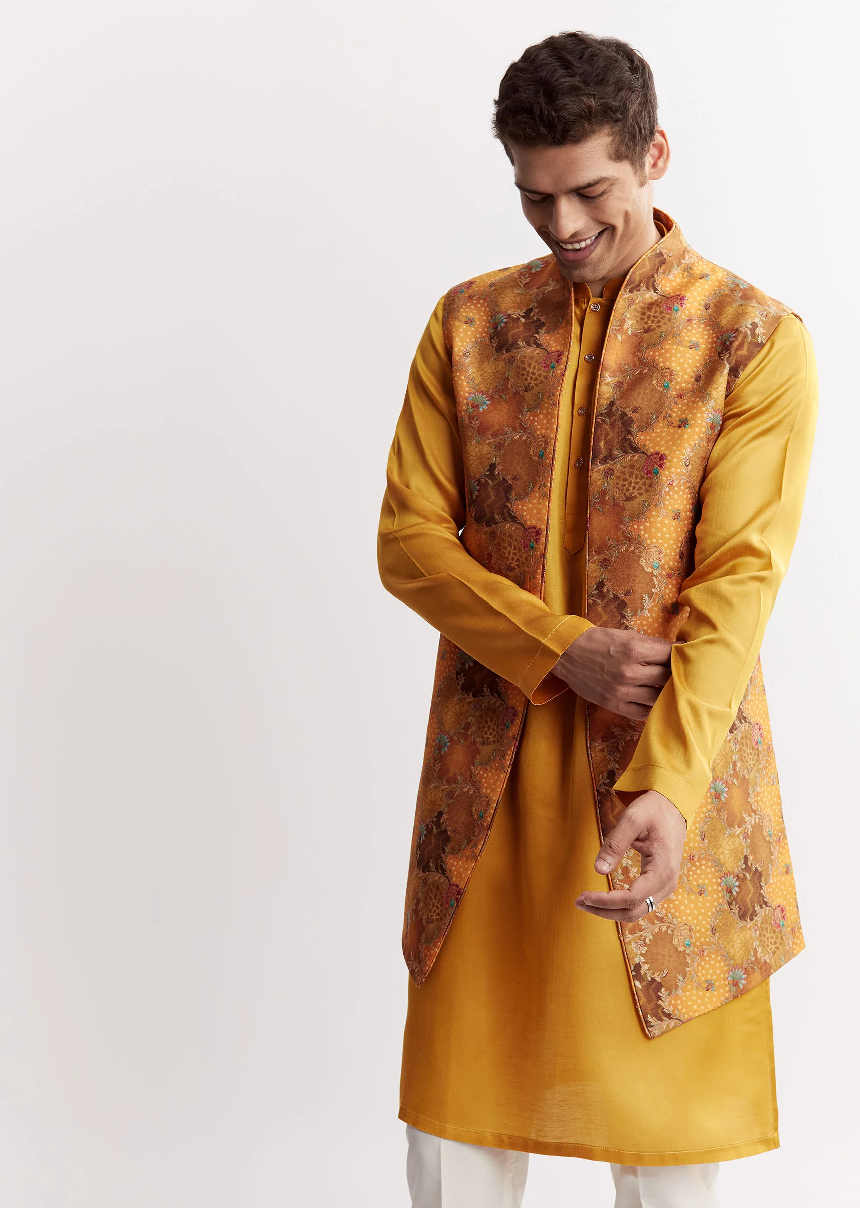 Yellow Silk Jacket Kurta Set With Floral Printed Motifs