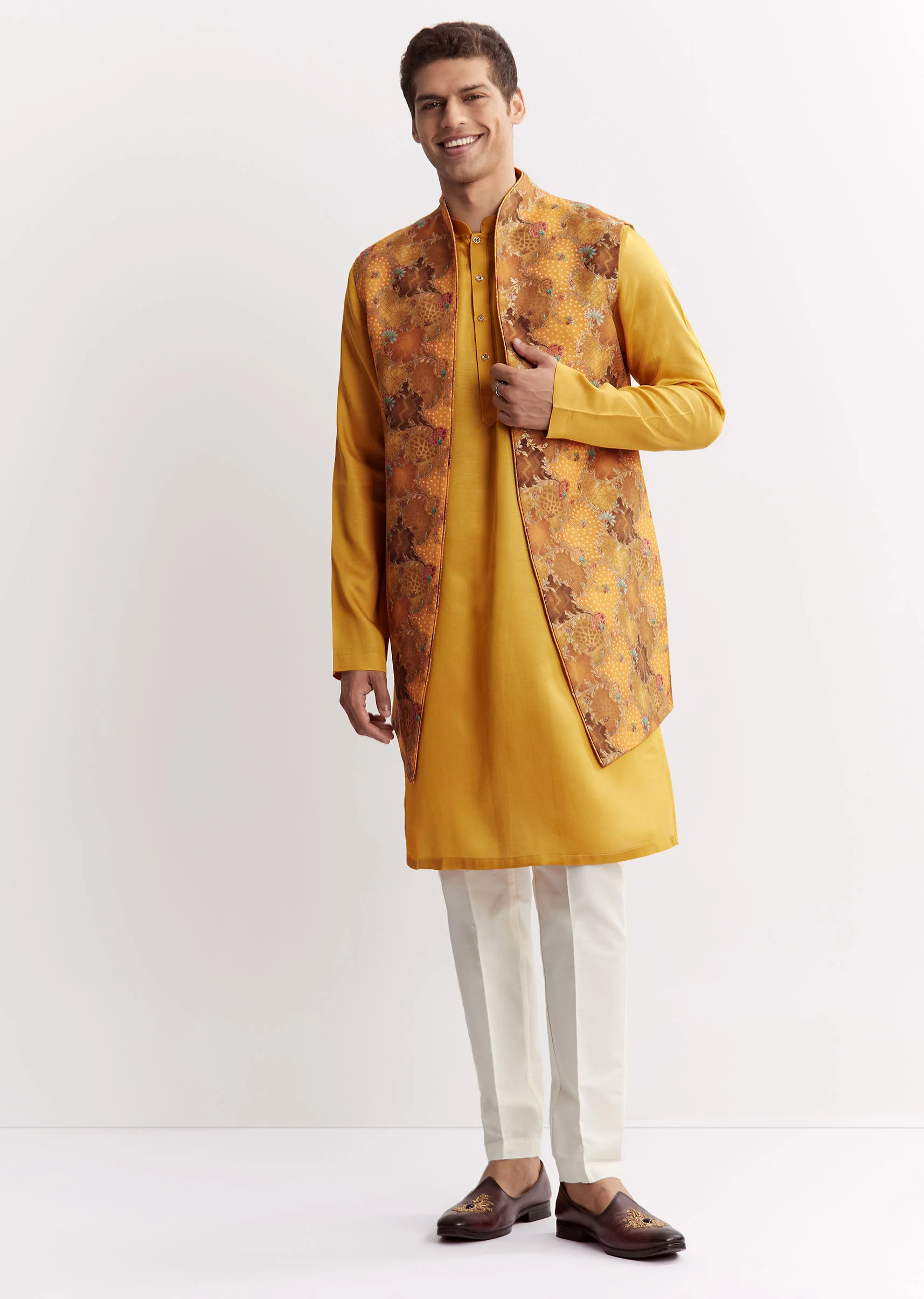 Yellow Silk Jacket Kurta Set With Floral Printed Motifs - Image 2