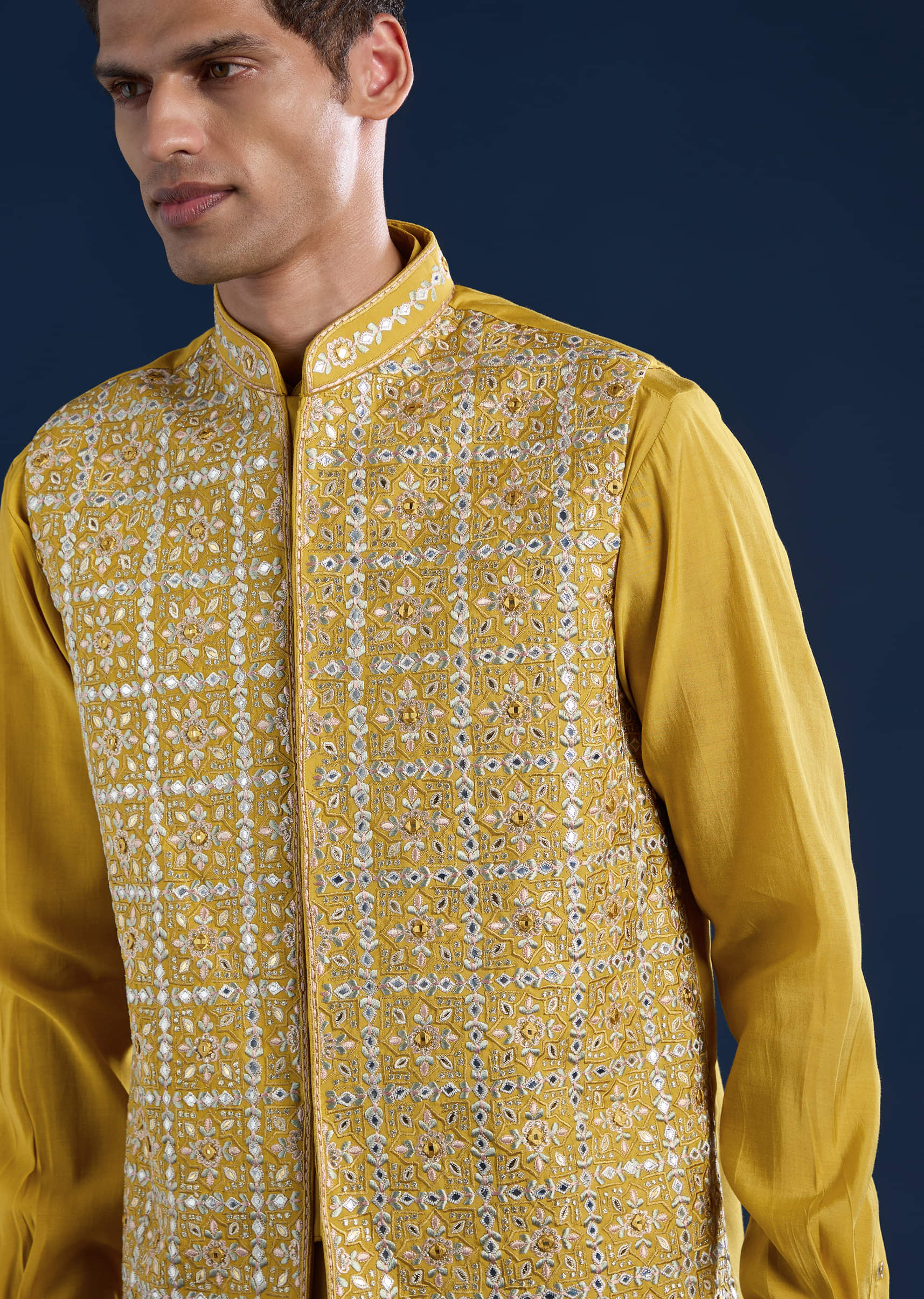 Yellow Silk Jacket Kurta Set with Gota Work - Image 2