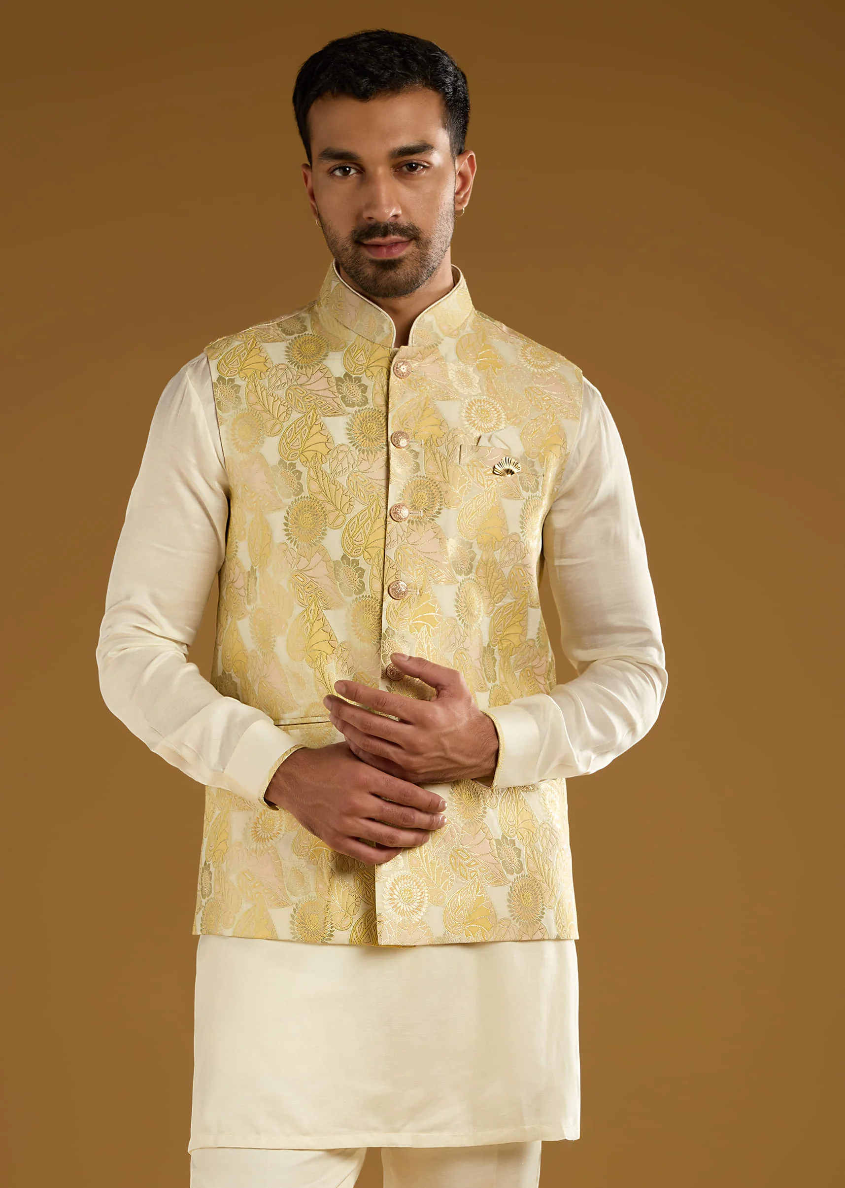 Yellow Silk Jacquard Kurta Jacket Set For Men With Resham Embroidery - Image 4