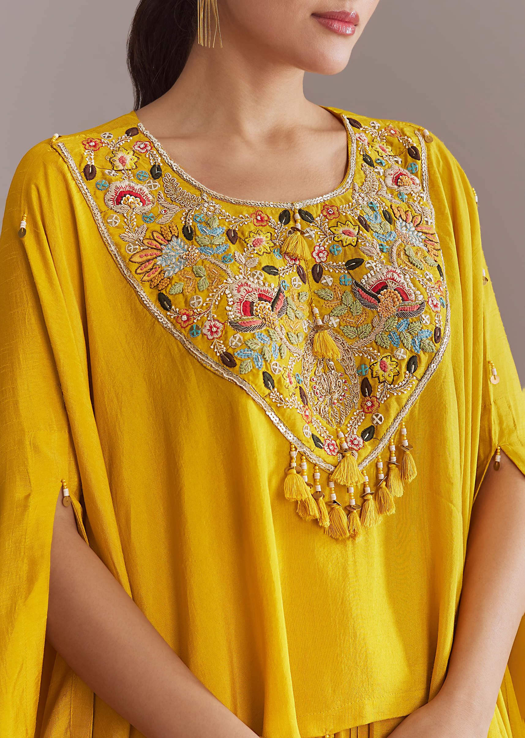 Yellow Silk Kaftan Top And Drape Skirt Set With Embroidery - Image 2