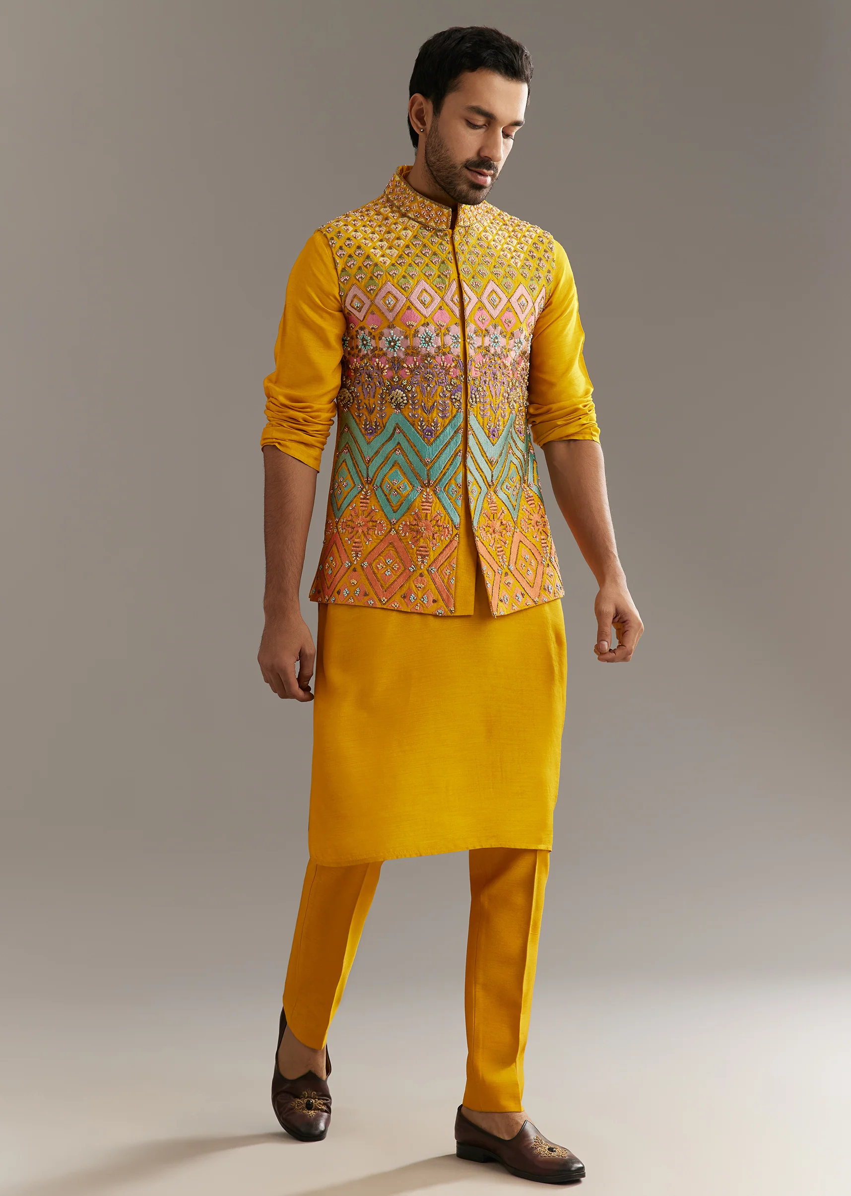 Yellow Silk Kurta Jacket Set With Multicolor Hand Work - Image 3