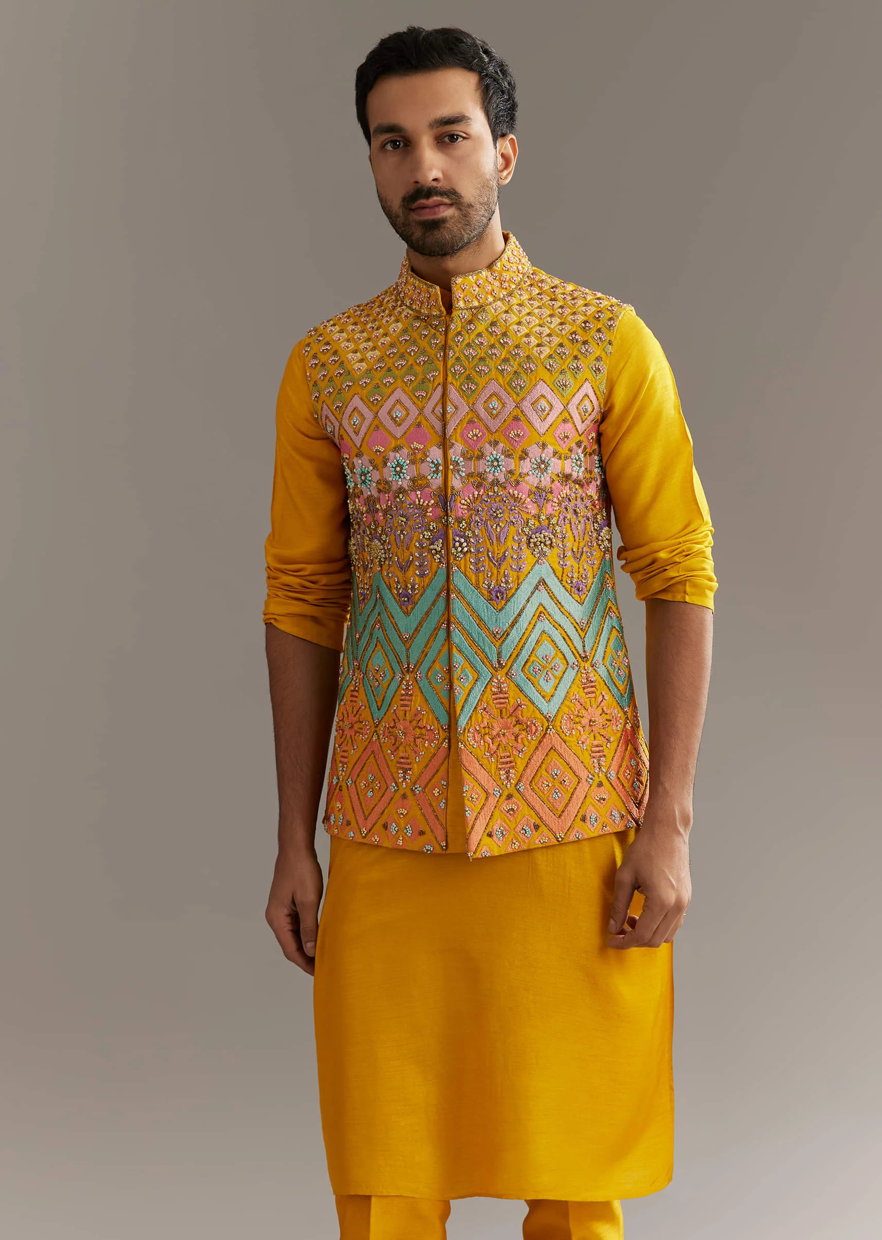 Yellow Silk Kurta Jacket Set With Multicolor Hand Work - Image 4