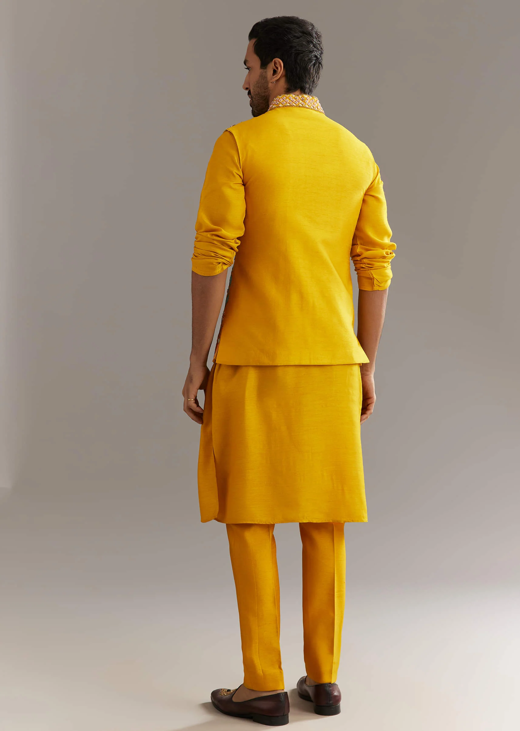 Yellow Silk Kurta Jacket Set With Multicolor Hand Work - Image 5