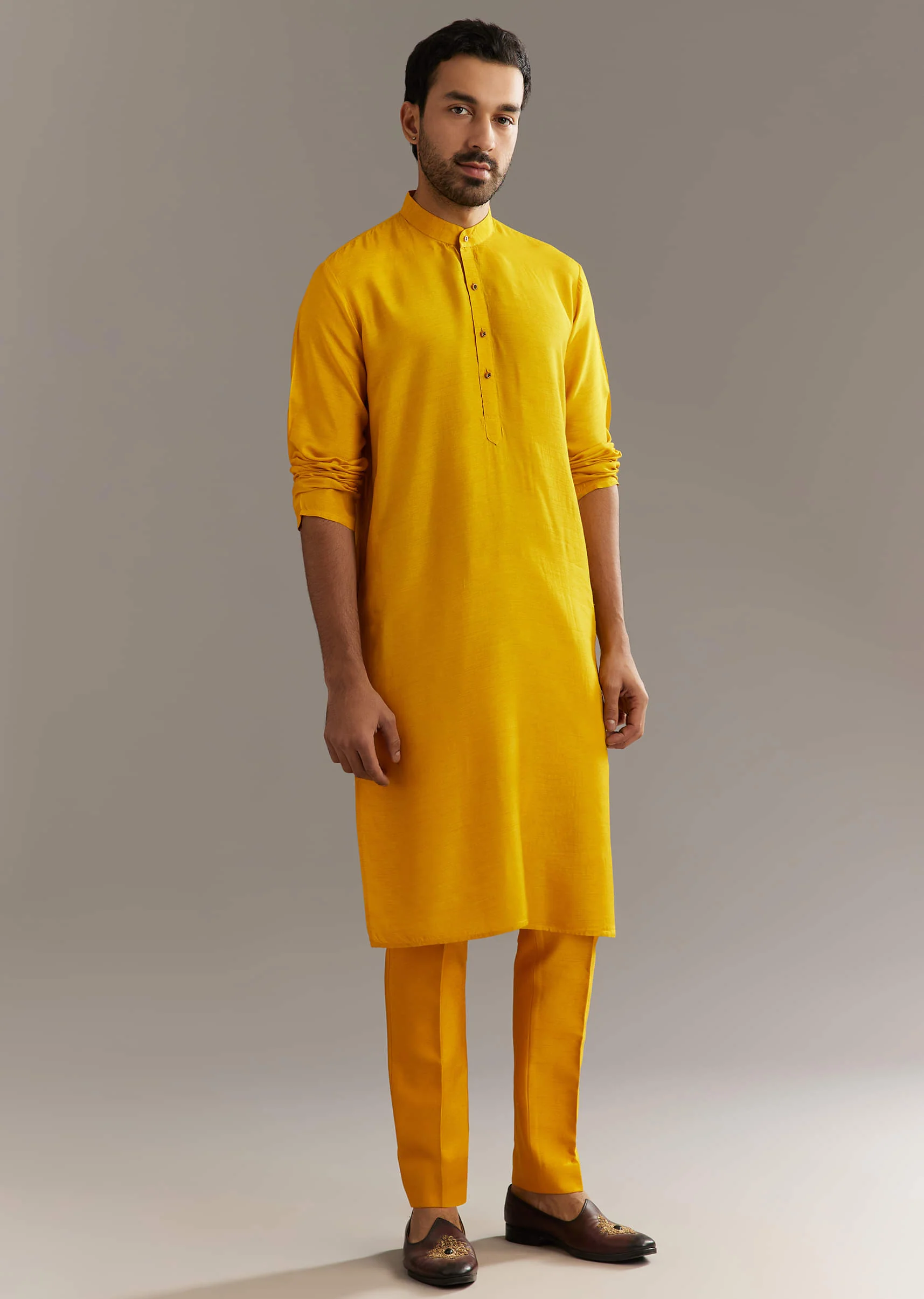 Yellow Silk Kurta Jacket Set With Multicolor Hand Work - Image 6