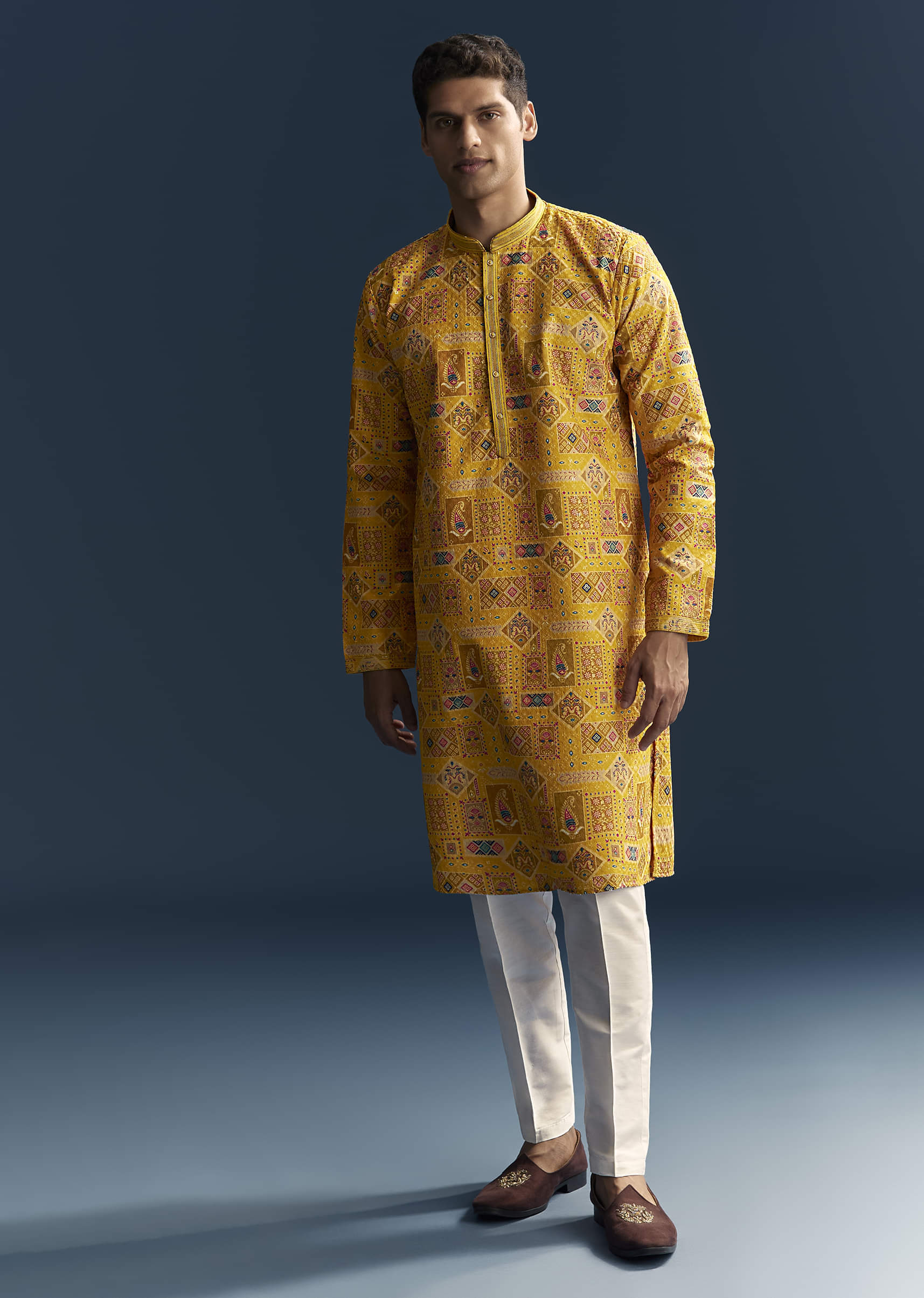 Yellow Silk Kurta Set For Men With Heavy Hand Embroidery - Image 2