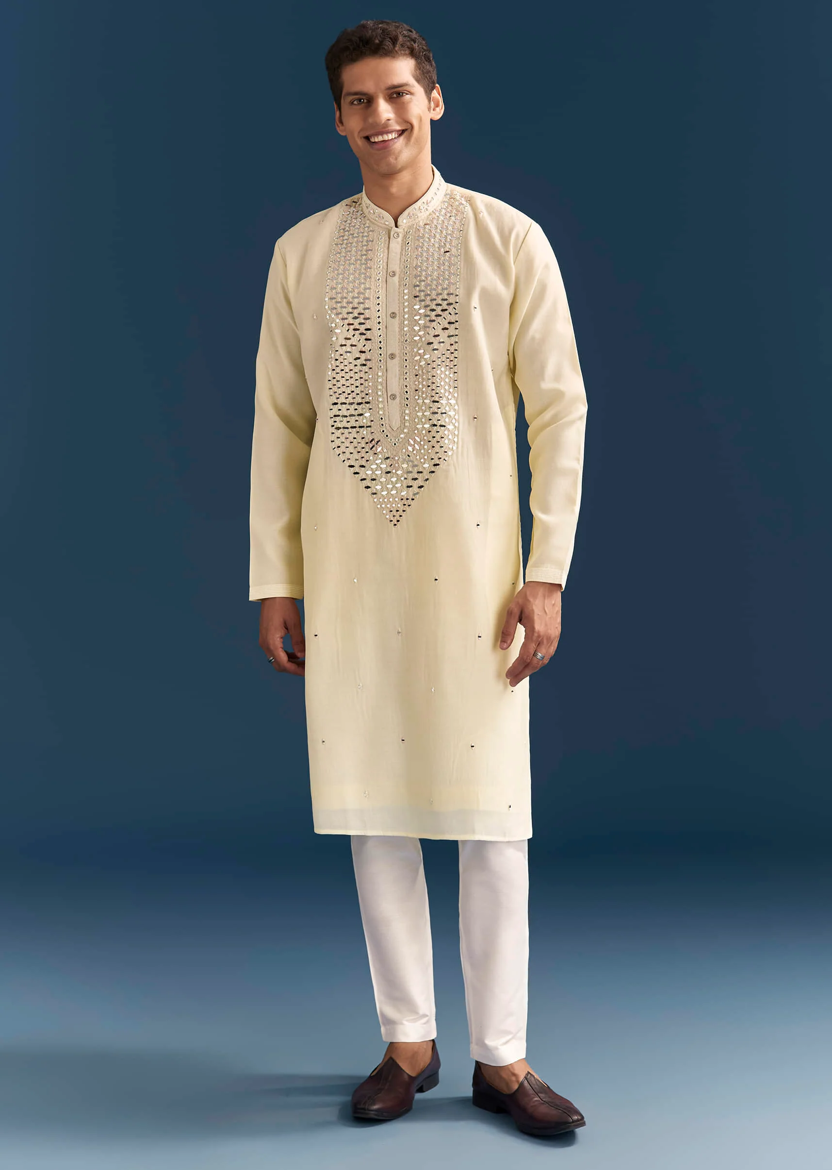 Yellow Silk Kurta Set For Men With Mirror Embroidery