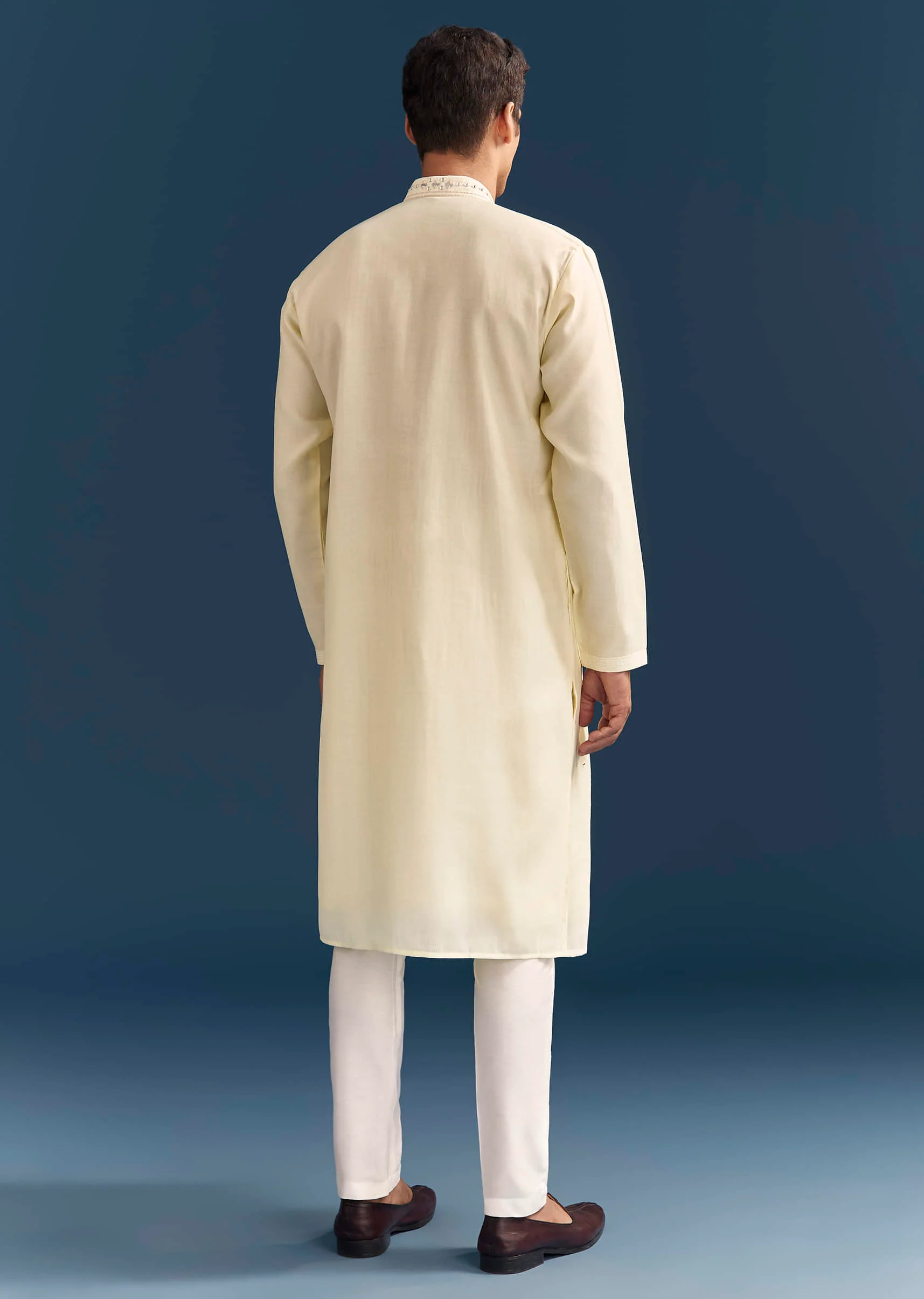 Yellow Silk Kurta Set For Men With Mirror Embroidery - Image 5