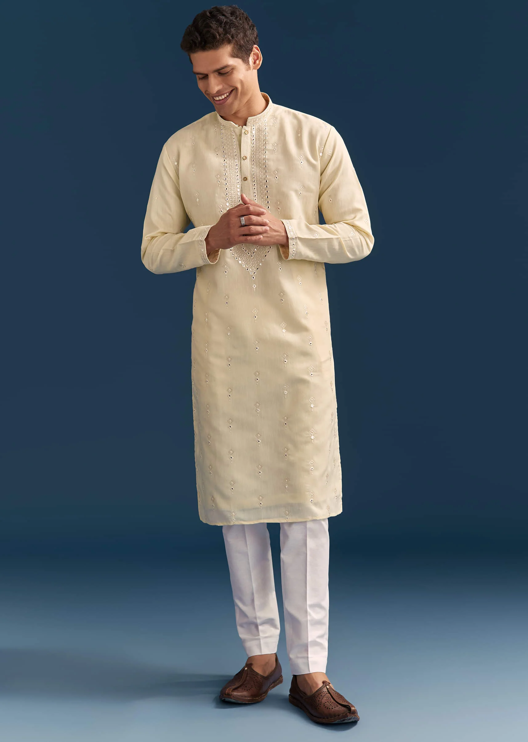 Yellow Silk Kurta Set For Men With Thread And Mirror Embroidery - Image 2