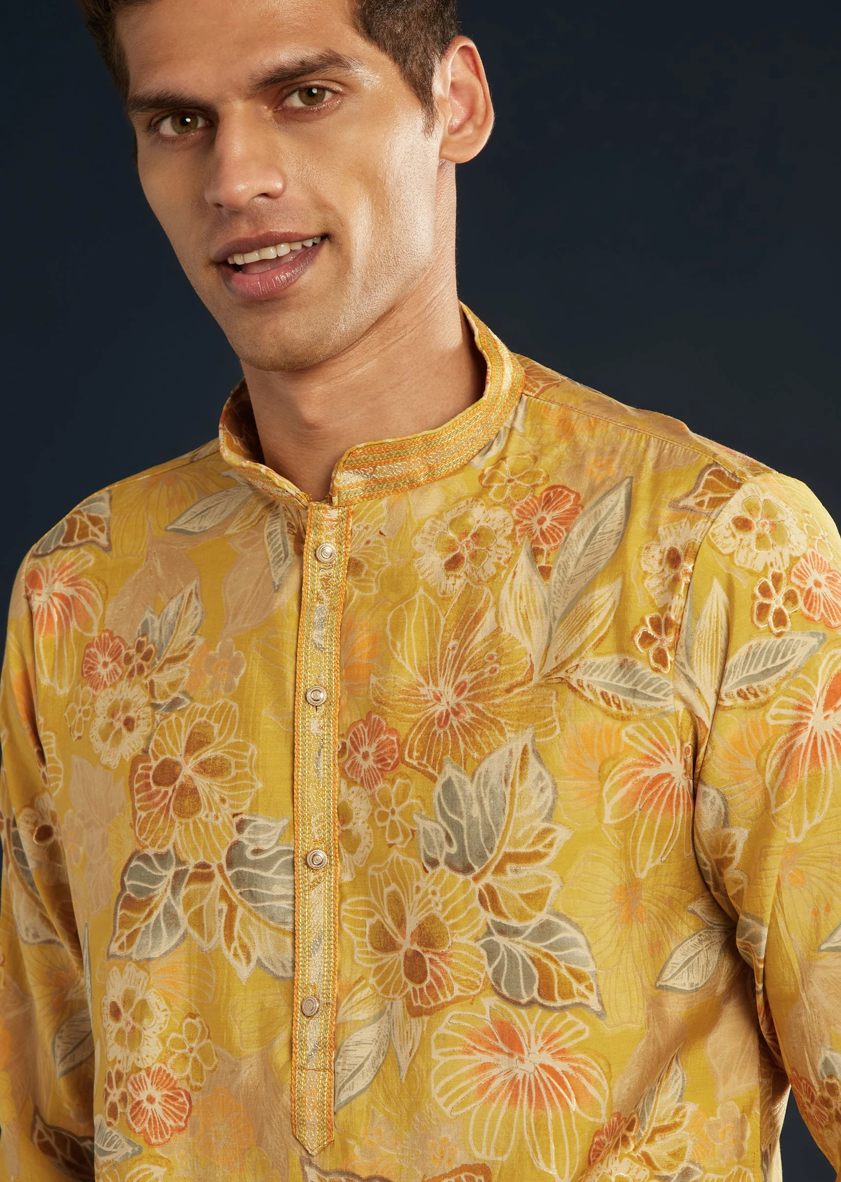 Yellow Silk Kurta Set with Floral print all over - Image 2