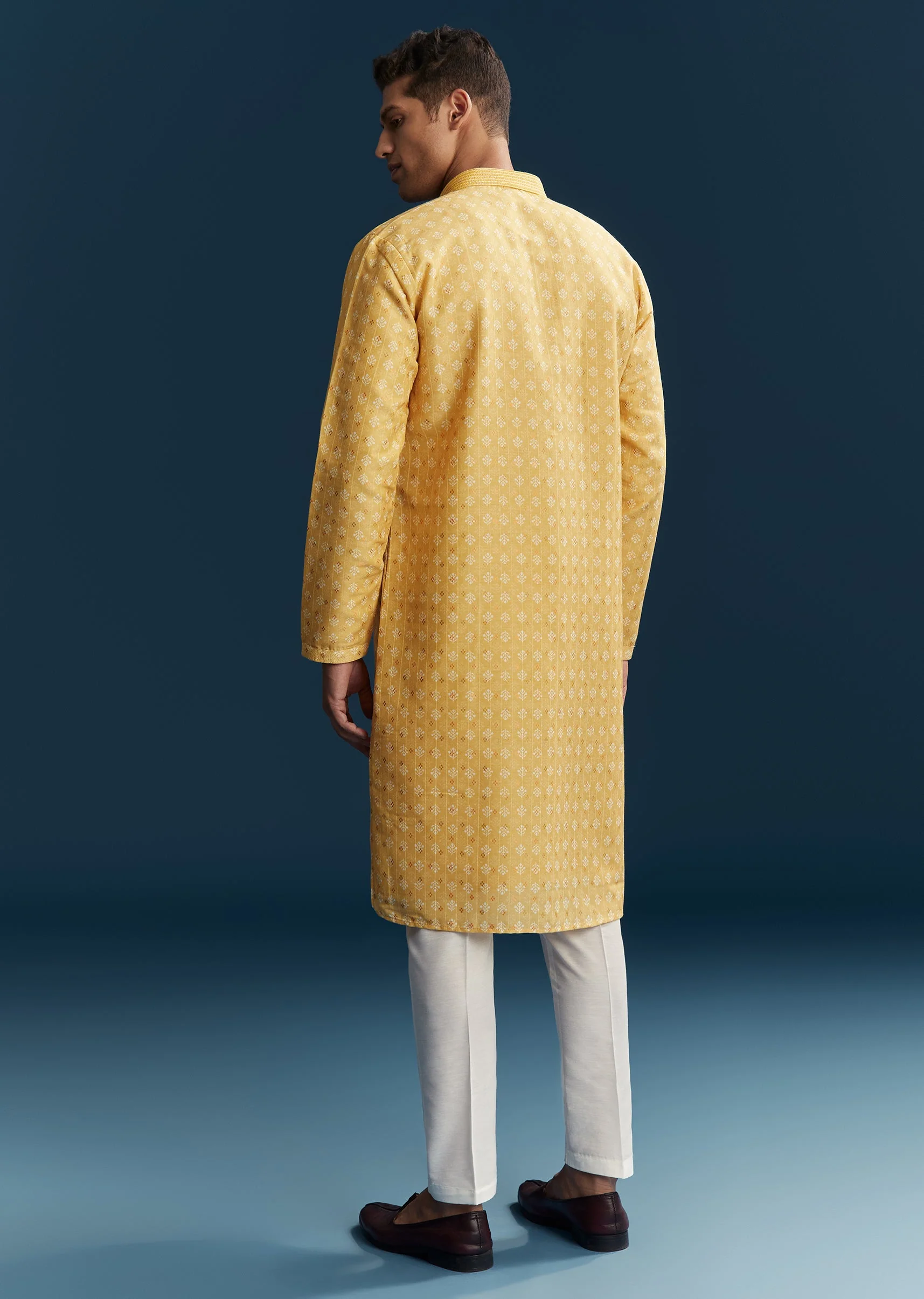 Yellow Silk Kurta Set With Minimal Thread Detail - Image 5