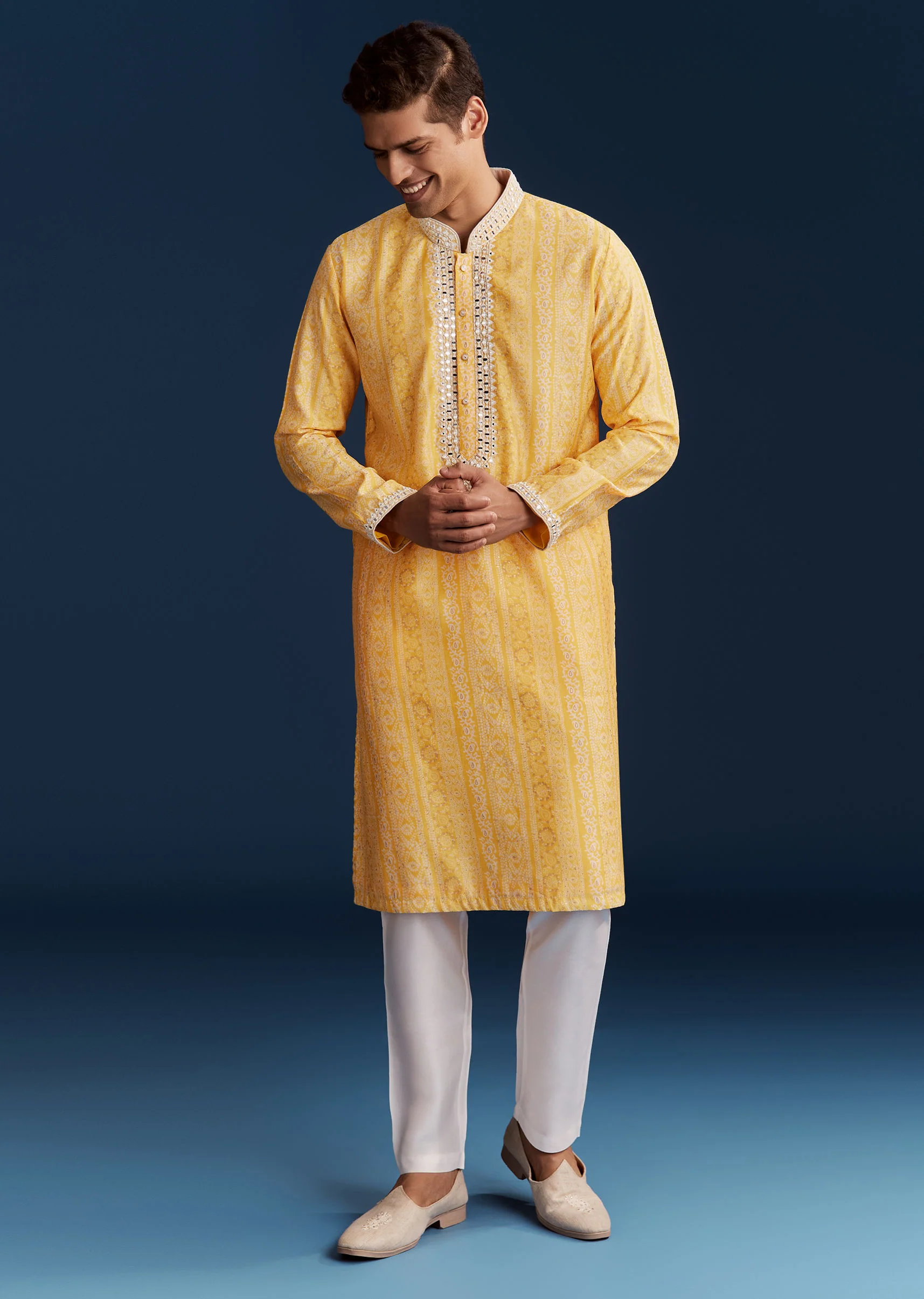 Yellow Silk Kurta Set With Mirror Work - Image 2