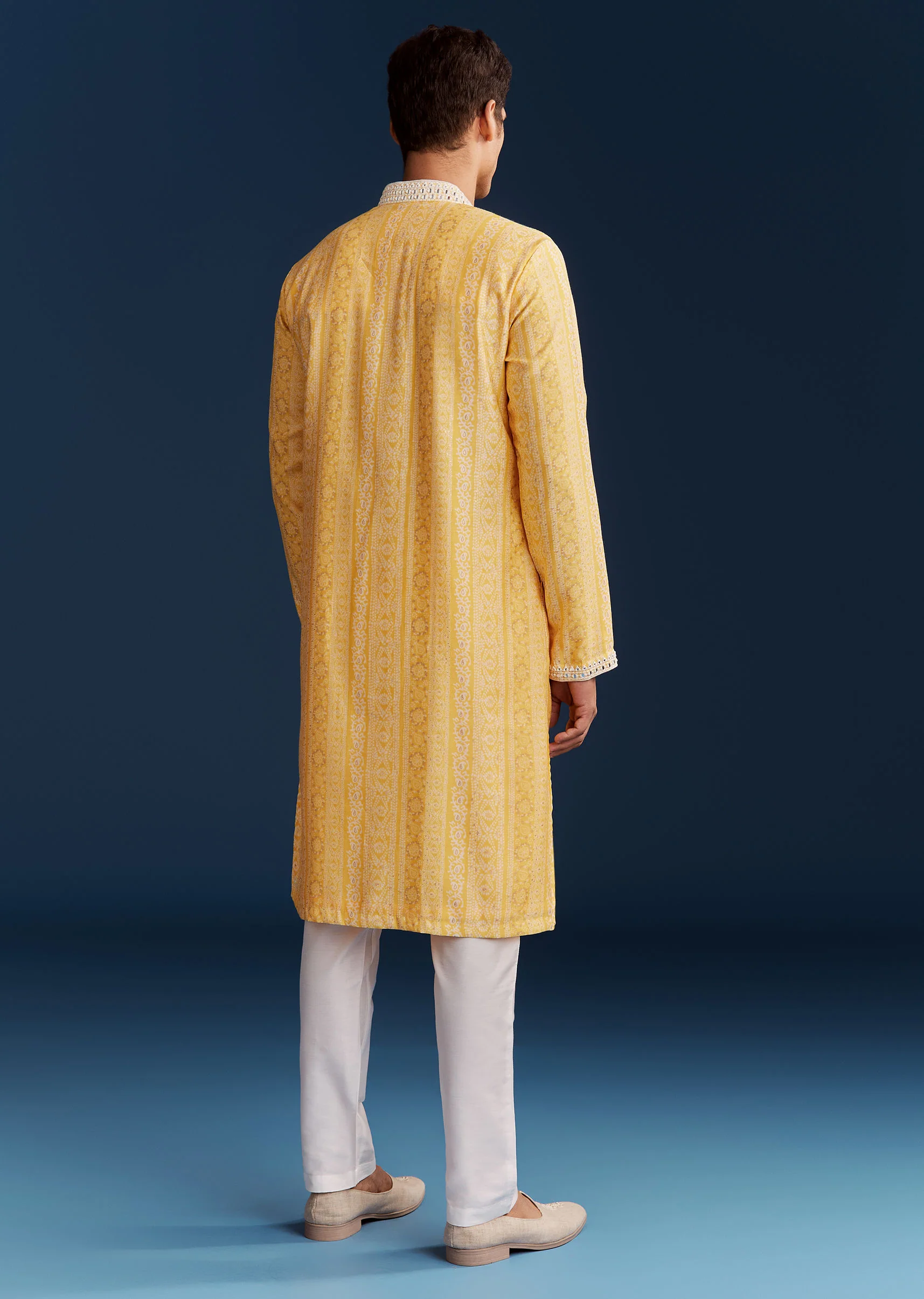 Yellow Silk Kurta Set With Mirror Work - Image 5