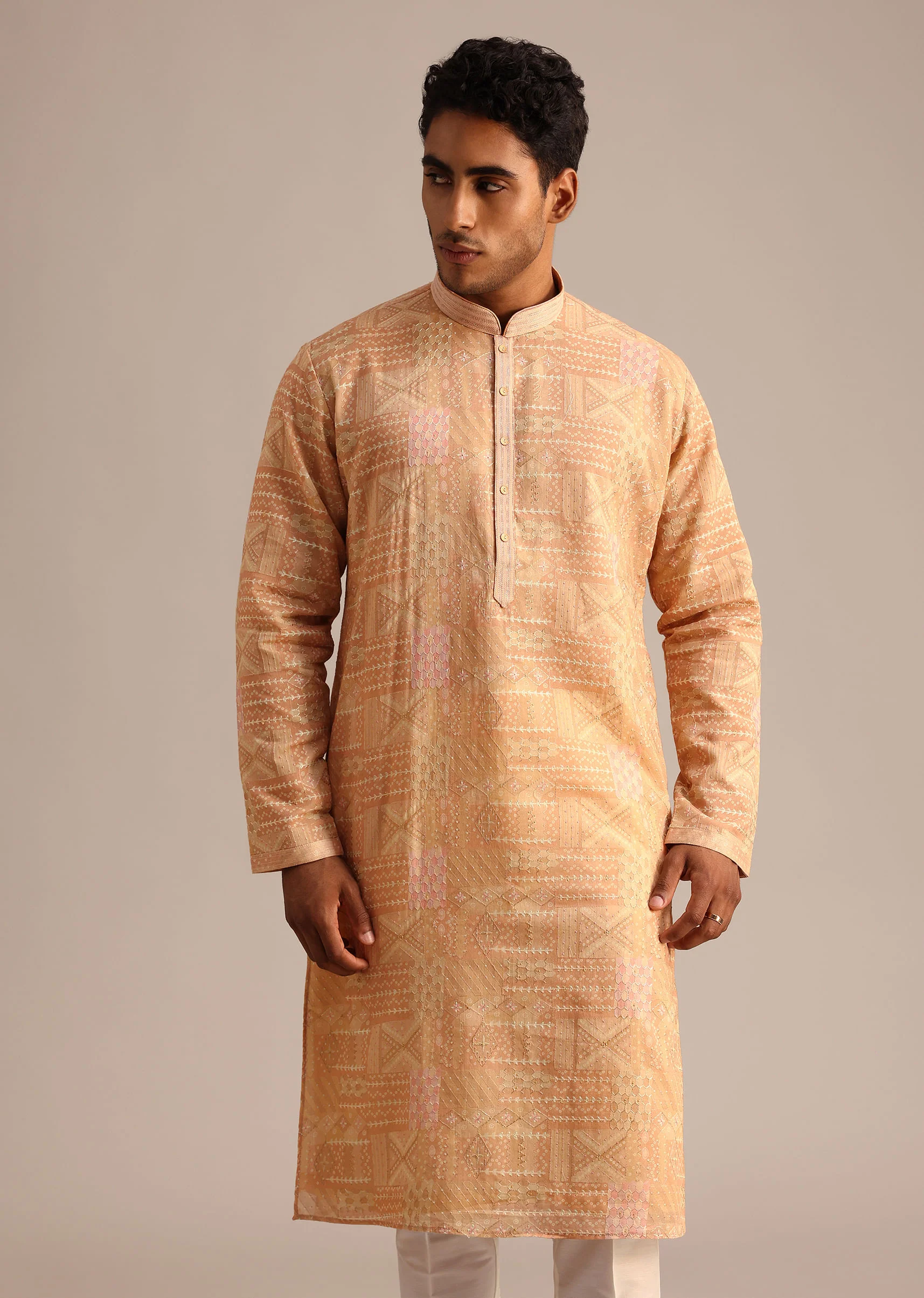Yellow Silk Kurta Set With Printed Work - Image 2