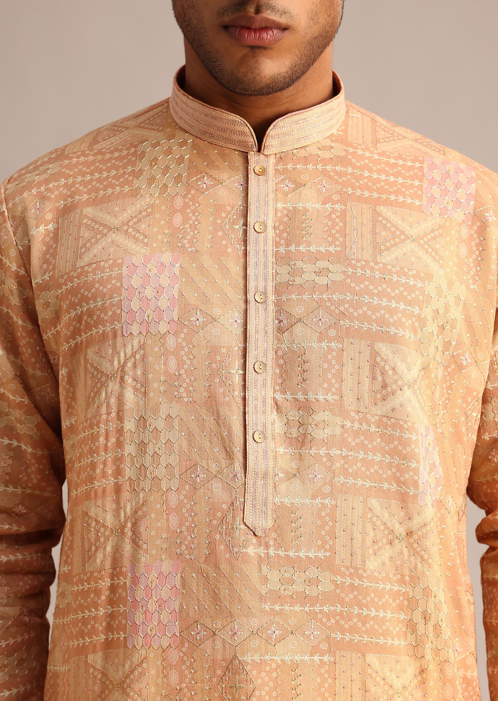 Yellow Silk Kurta Set With Printed Work - Image 4