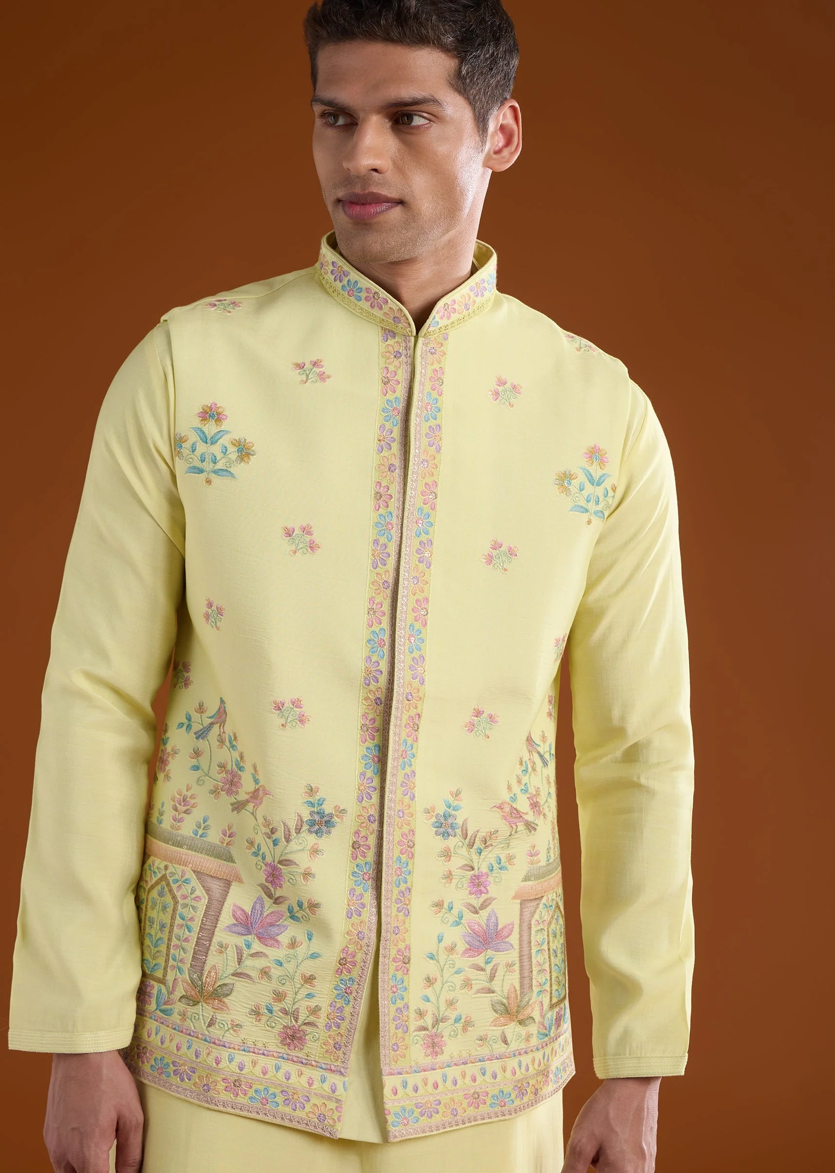 Yellow Silk Mens Kurta Jacket Set With Thread And Motif Work - Image 2