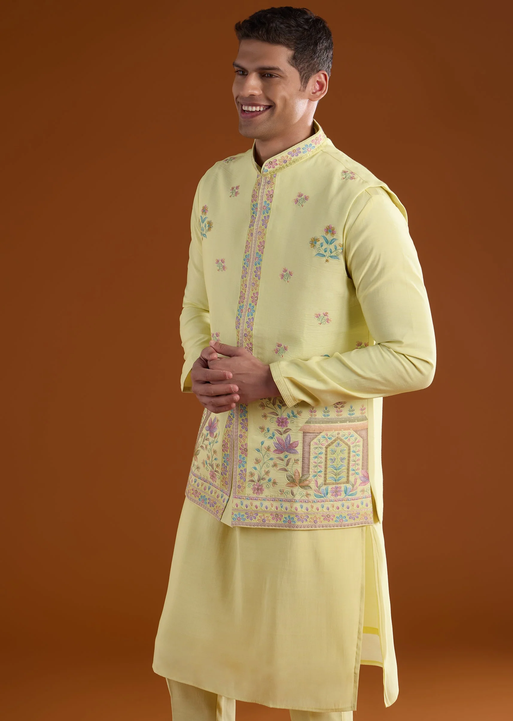 Yellow Silk Mens Kurta Jacket Set With Thread And Motif Work - Image 4