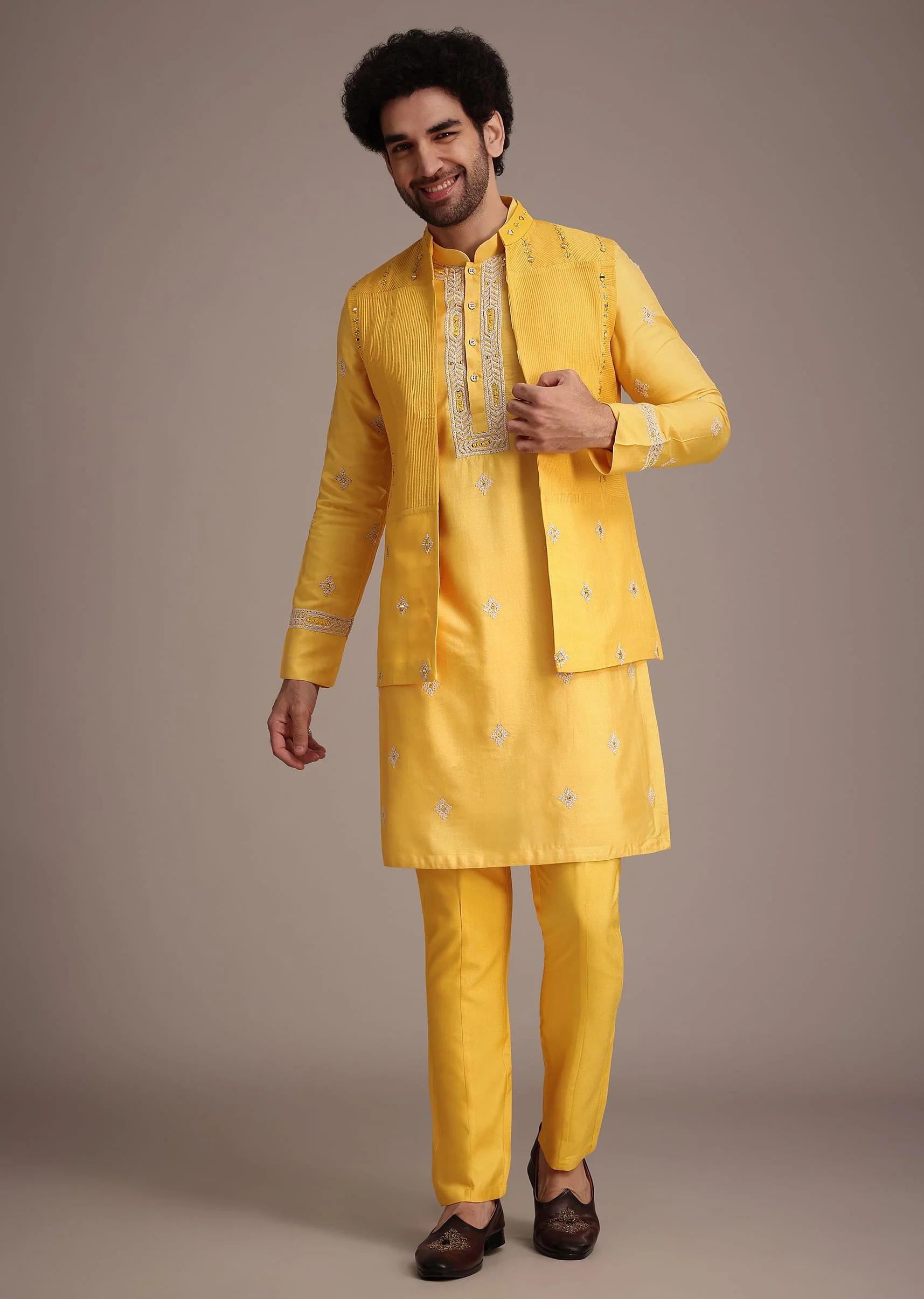 Yellow Silk Mirror Embroidered Kurta Jacket Set - Image 2