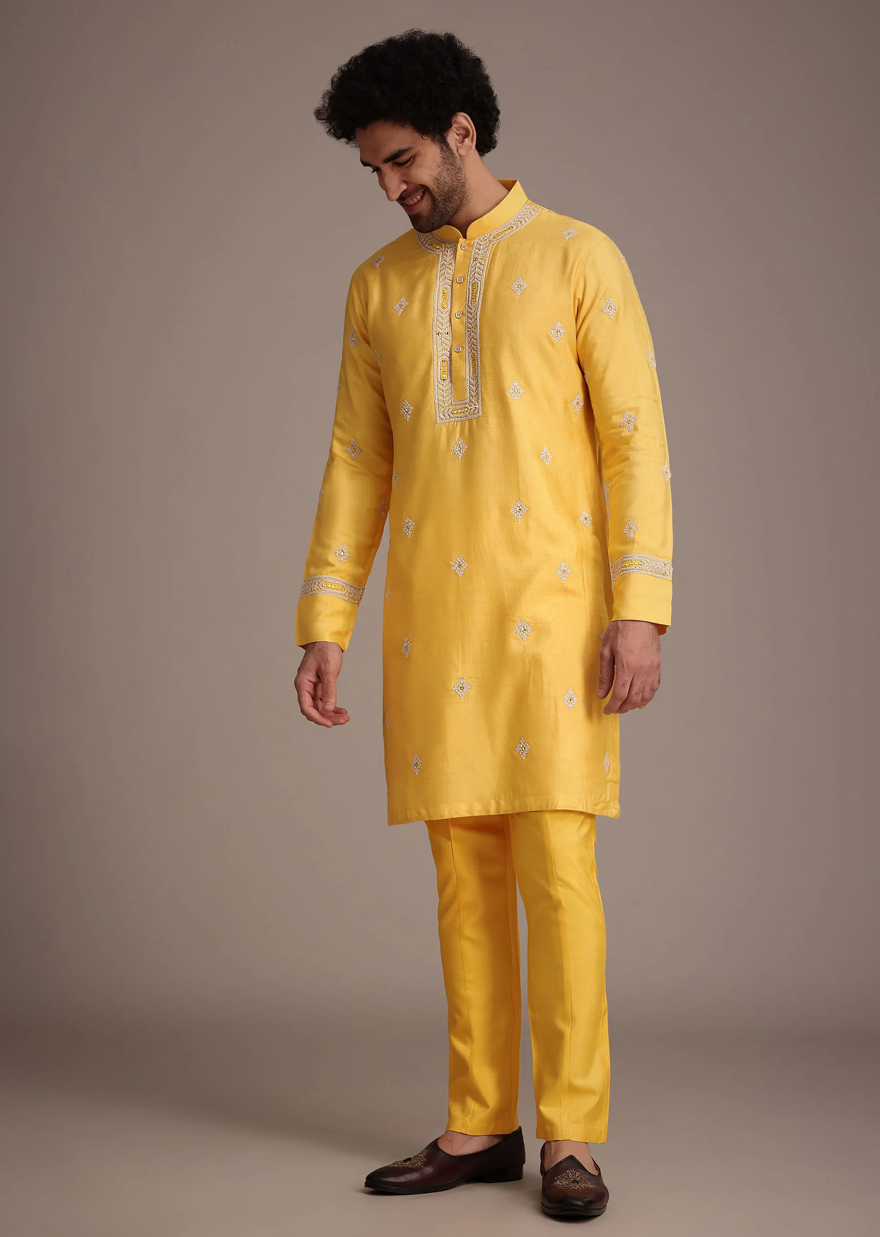 Yellow Silk Mirror Embroidered Kurta Jacket Set - Image 6