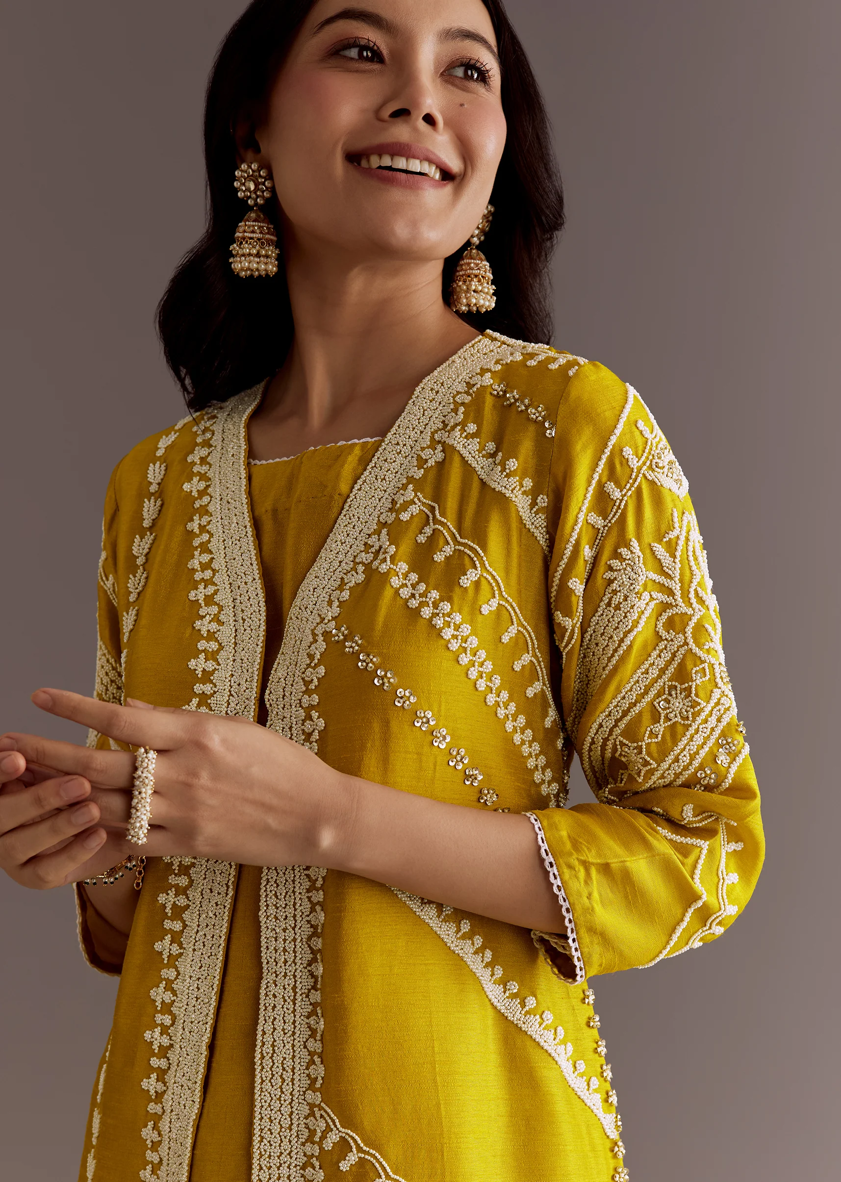 Yellow Silk Moti Sequin Embroidered Jacket Suit - Image 3