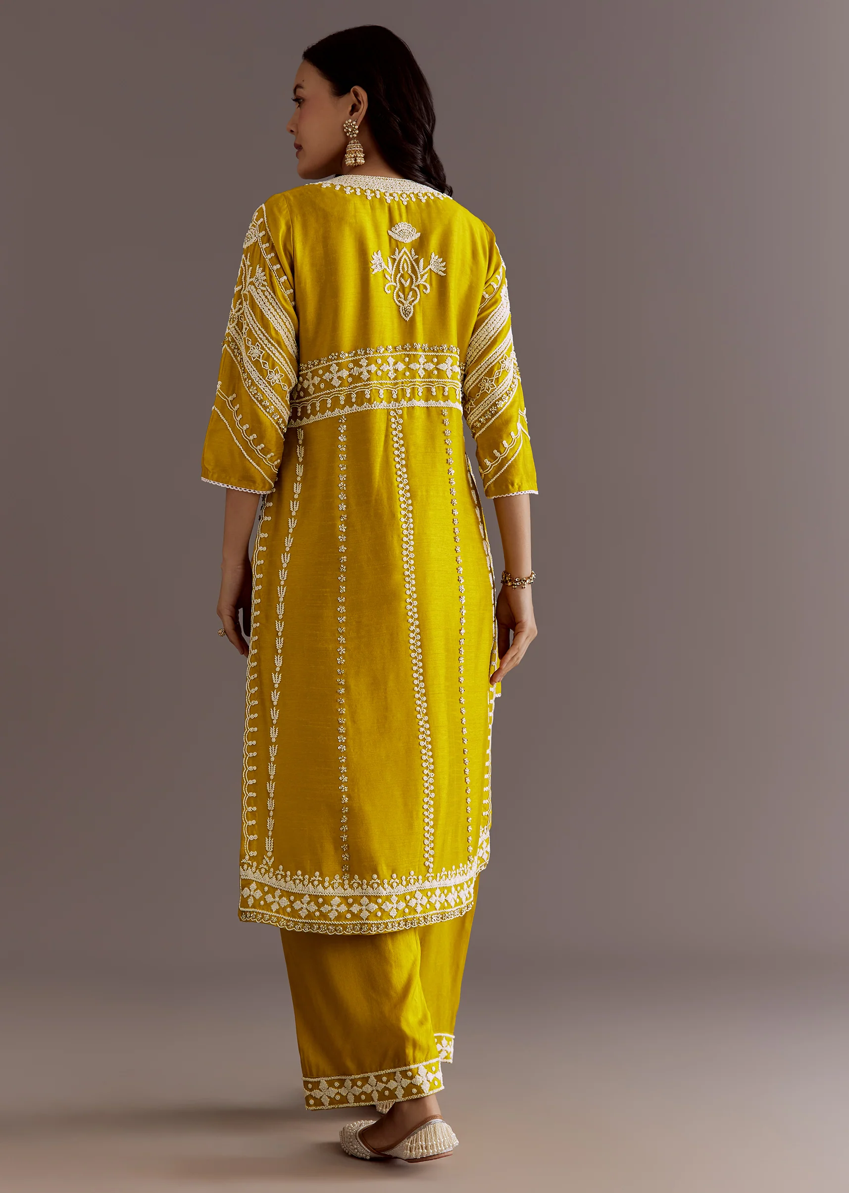 Yellow Silk Moti Sequin Embroidered Jacket Suit - Image 6