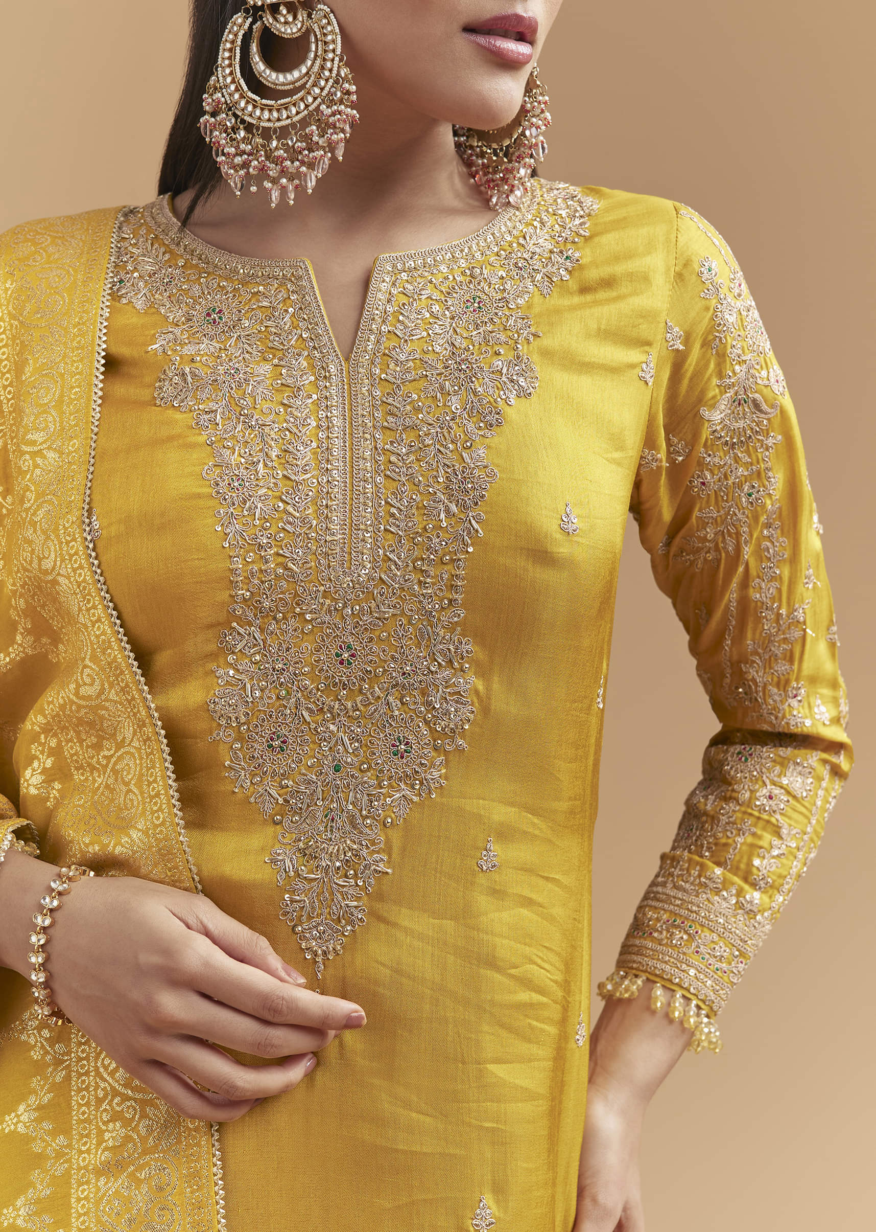 Yellow Silk Palazzo Suit With Hand Embroidery - Image 2