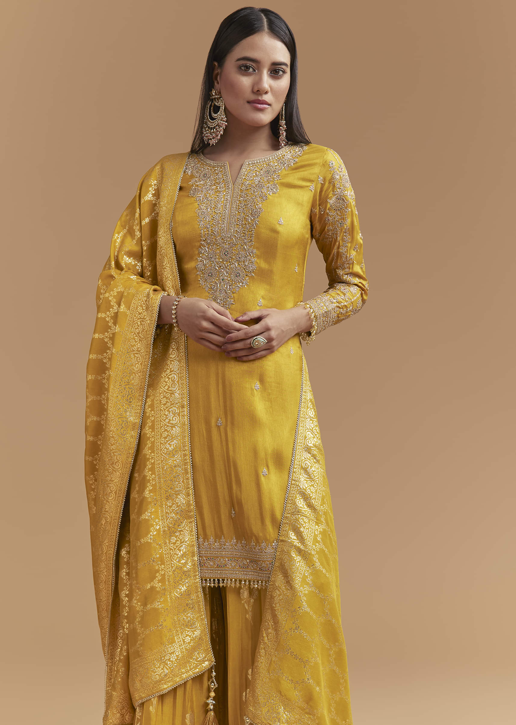 Yellow Silk Palazzo Suit With Hand Embroidery - Image 4