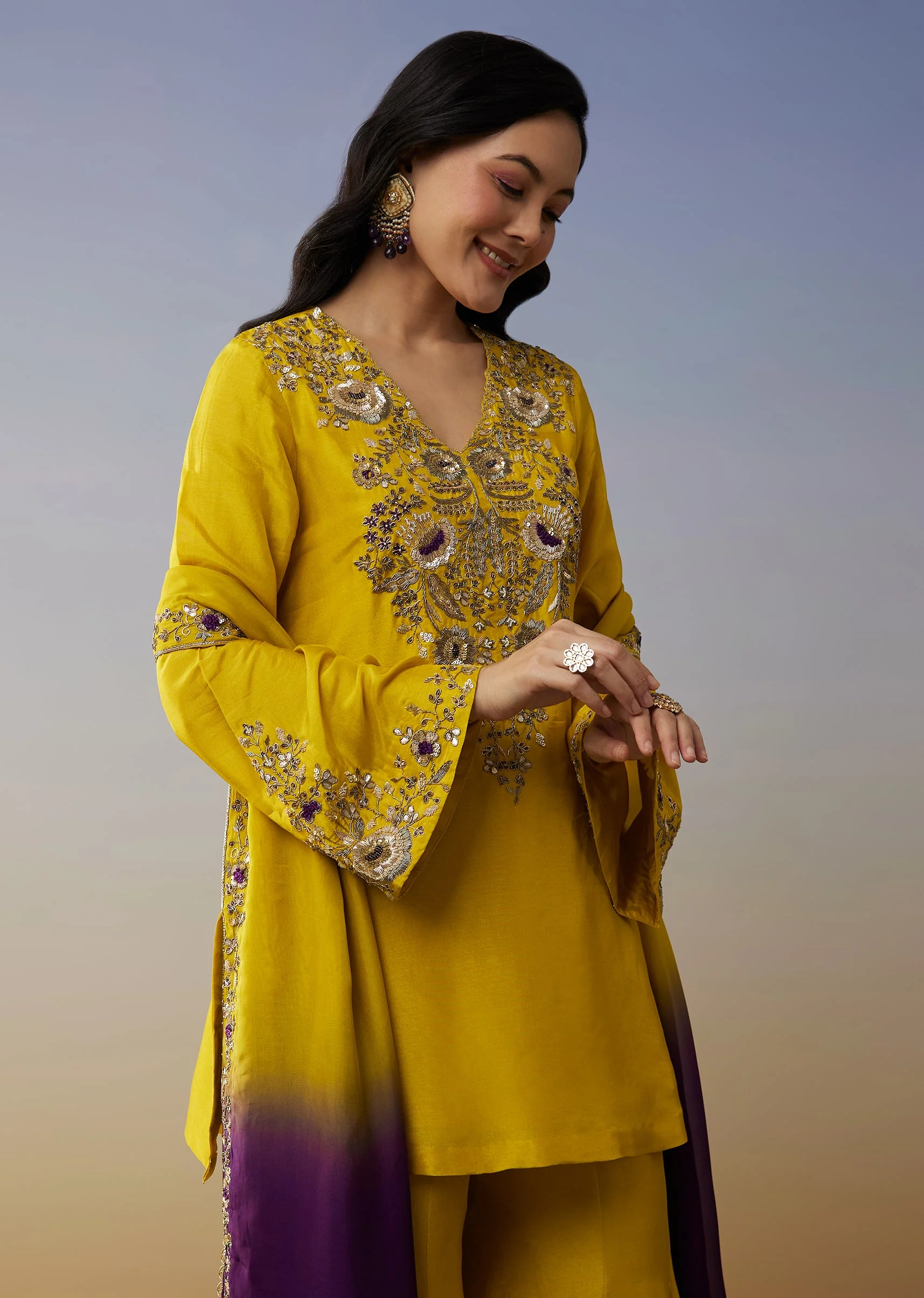 Yellow Silk Palazzo Suits with Zardosi Sequins Work - Image 4